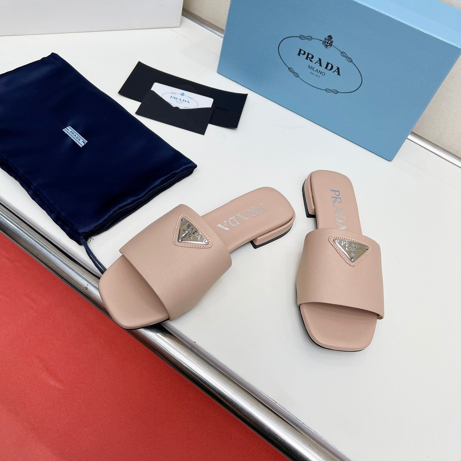 Prada 26s Saffiano Slides Powder Pink Leather 986629