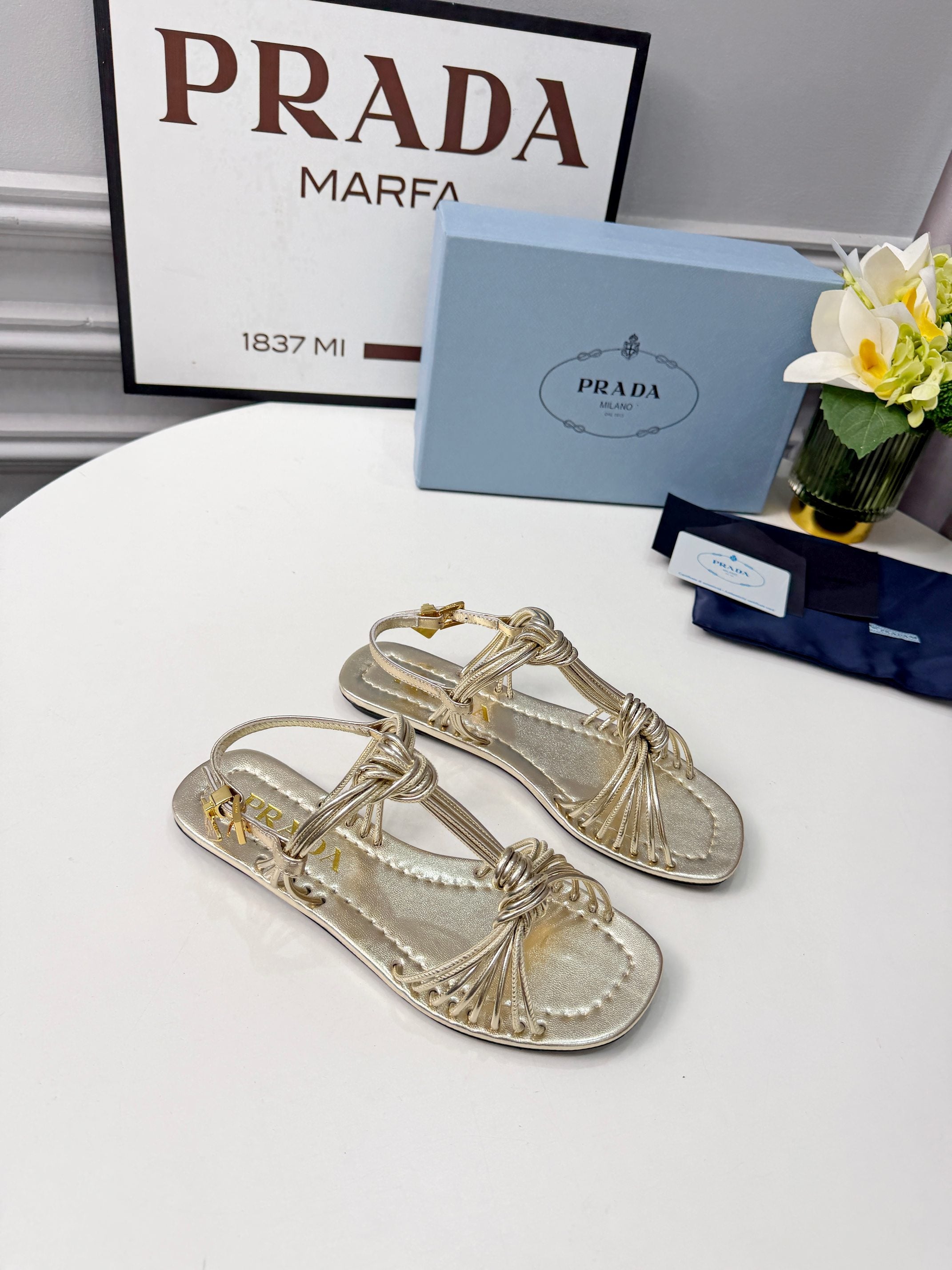 Prada 26s Knotted Metallic Leather Flat Sandals Gold Metalic Leather 986578