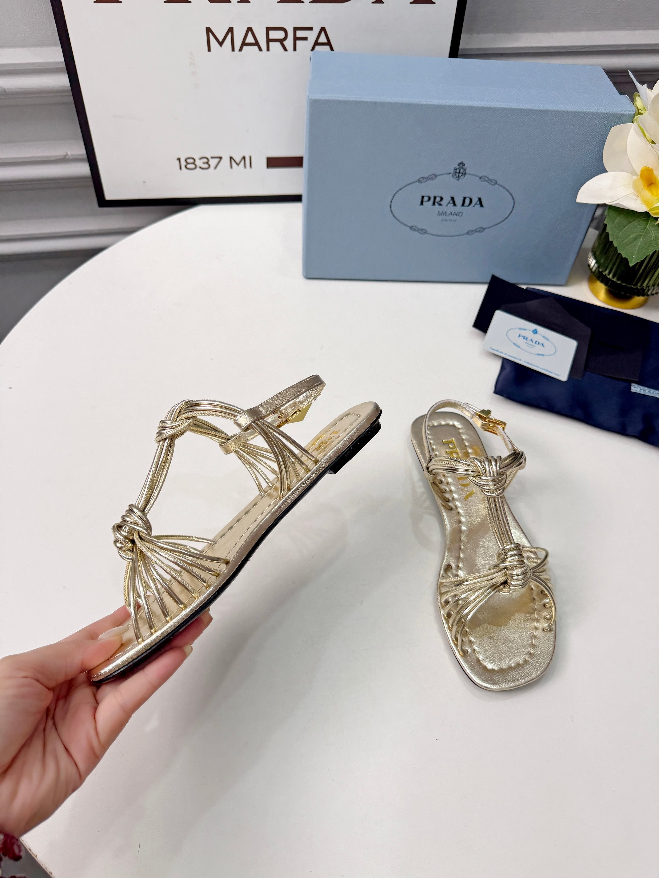 Prada 26s Knotted Metallic Leather Flat Sandals Gold Metalic Leather 986578