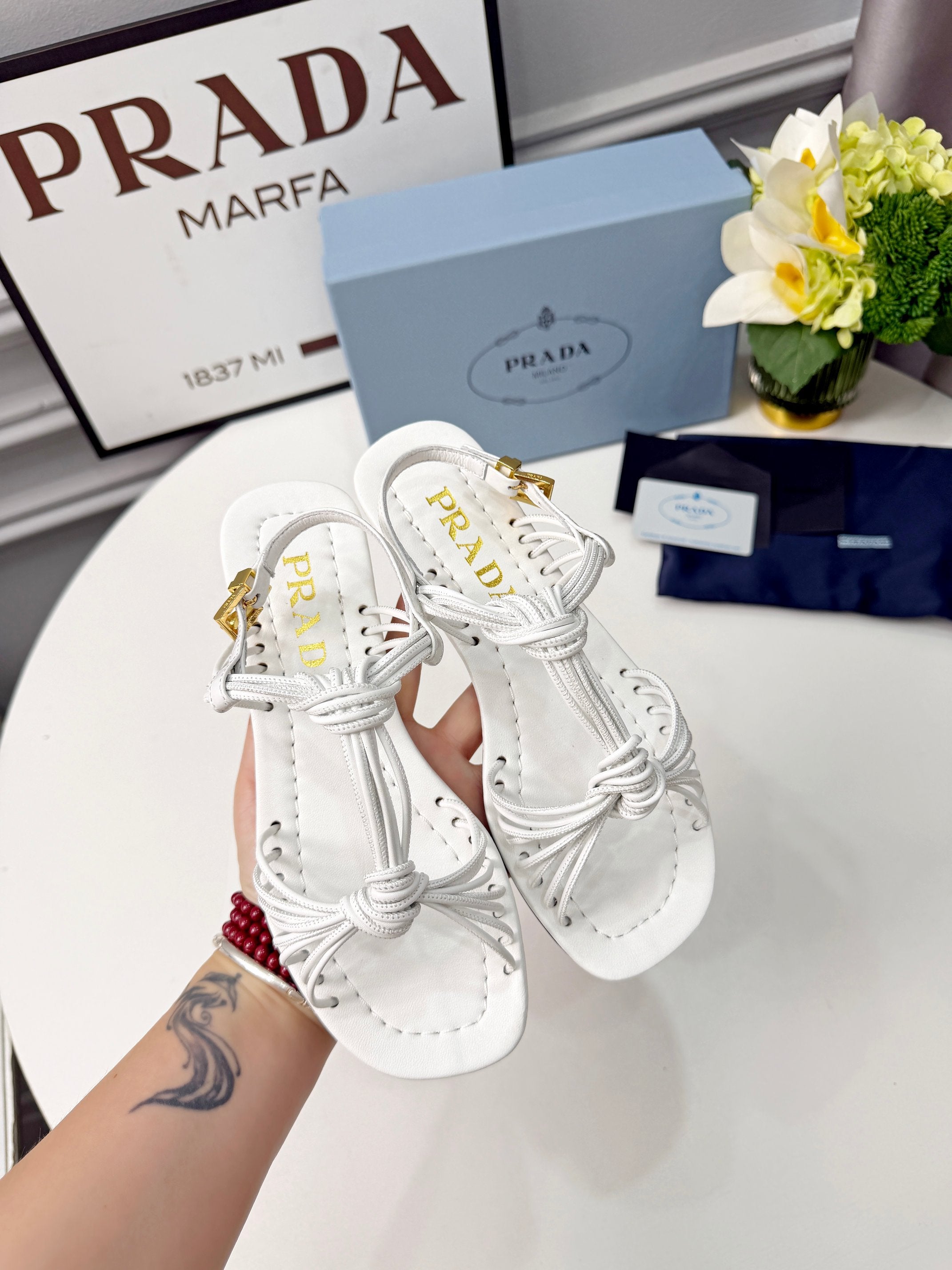 Prada 26s Knotted Metallic Leather Flat Sandals White Leather 986576