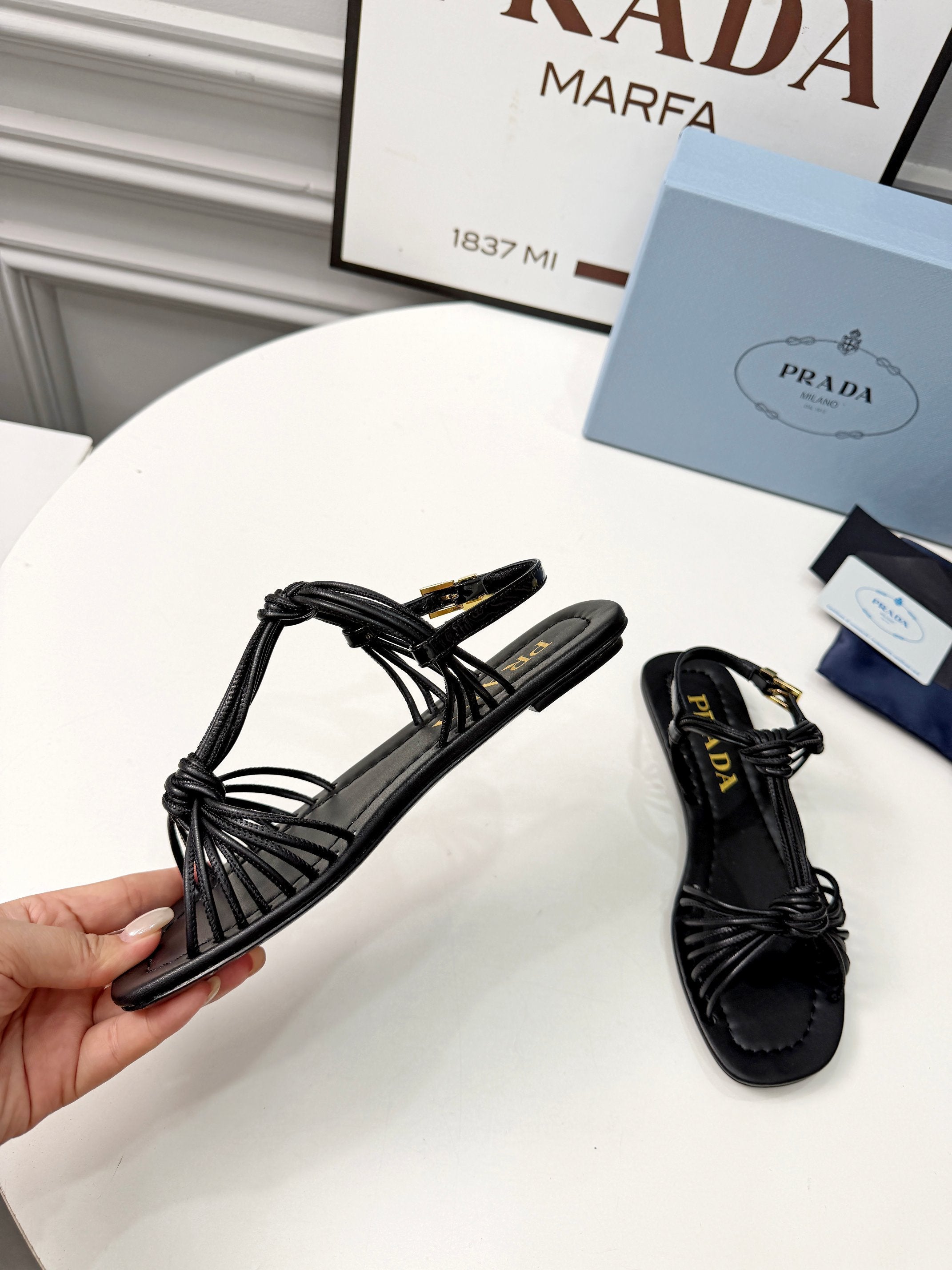 Prada 26s Knotted Metallic Leather Flat Sandals Black Leather 986575