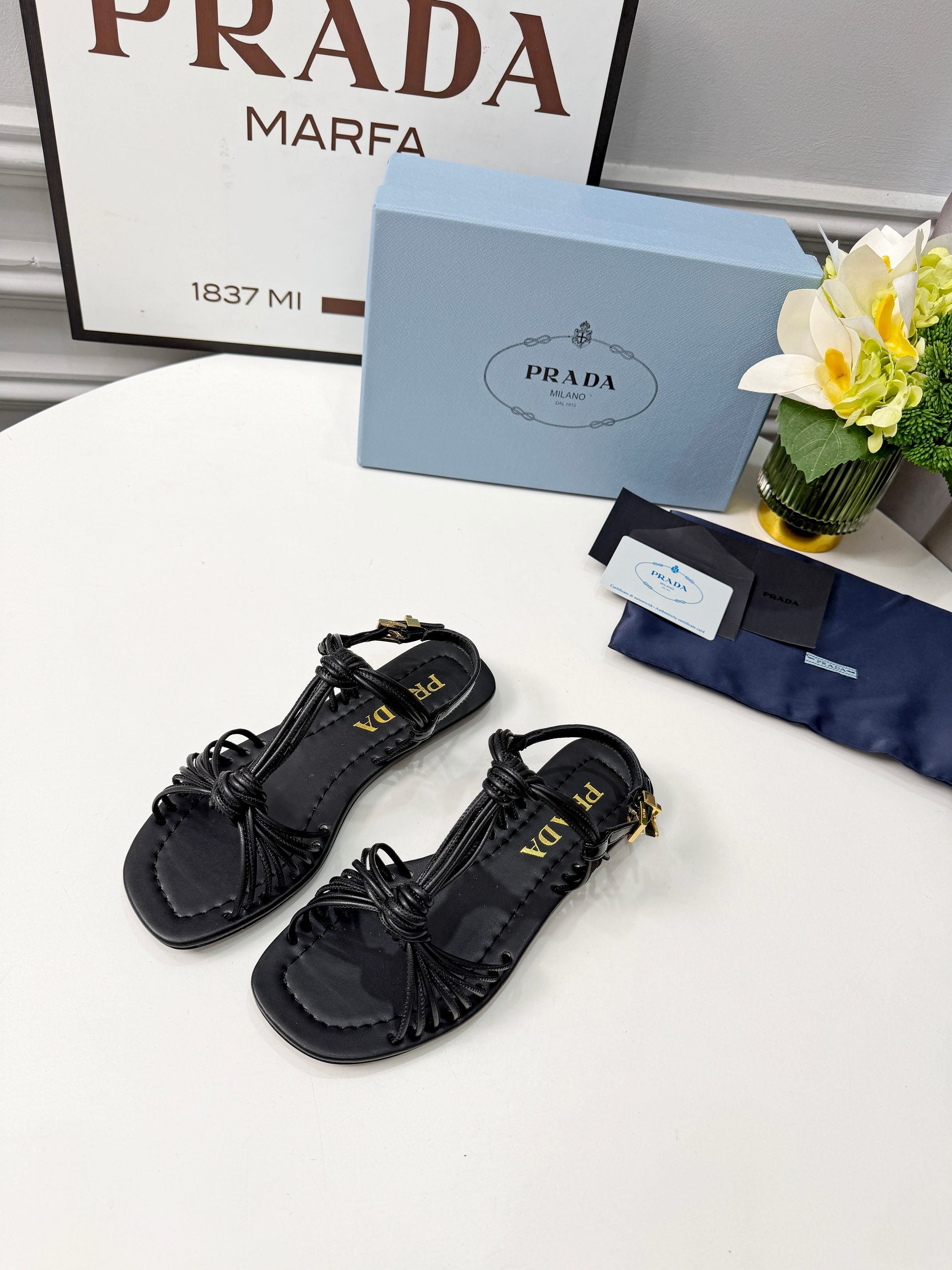 Prada 26s Knotted Metallic Leather Flat Sandals Black Leather 986575