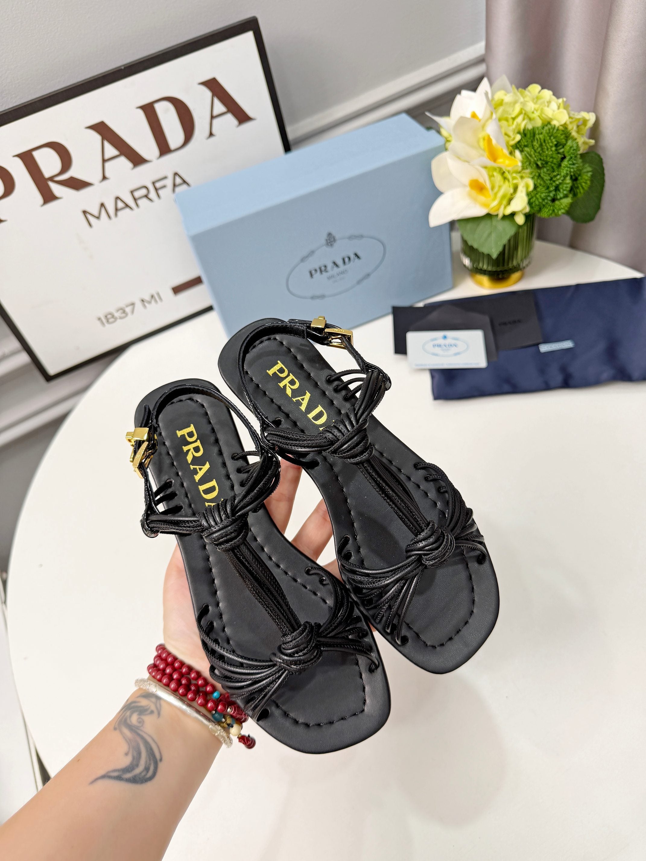 Prada 26s Knotted Metallic Leather Flat Sandals Black Leather 986575