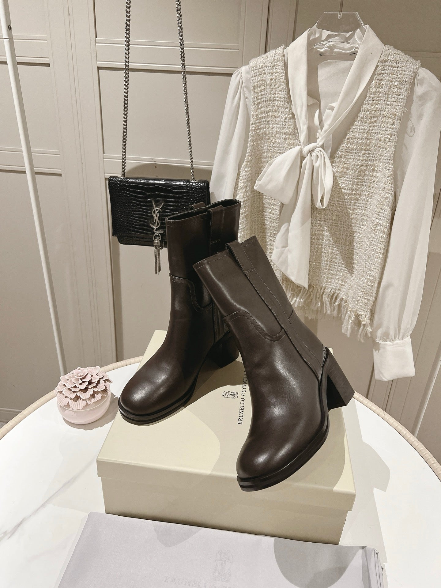 Brunello Chunky Heel Elegant Mid-Calf Boots Coffee Leather 929300