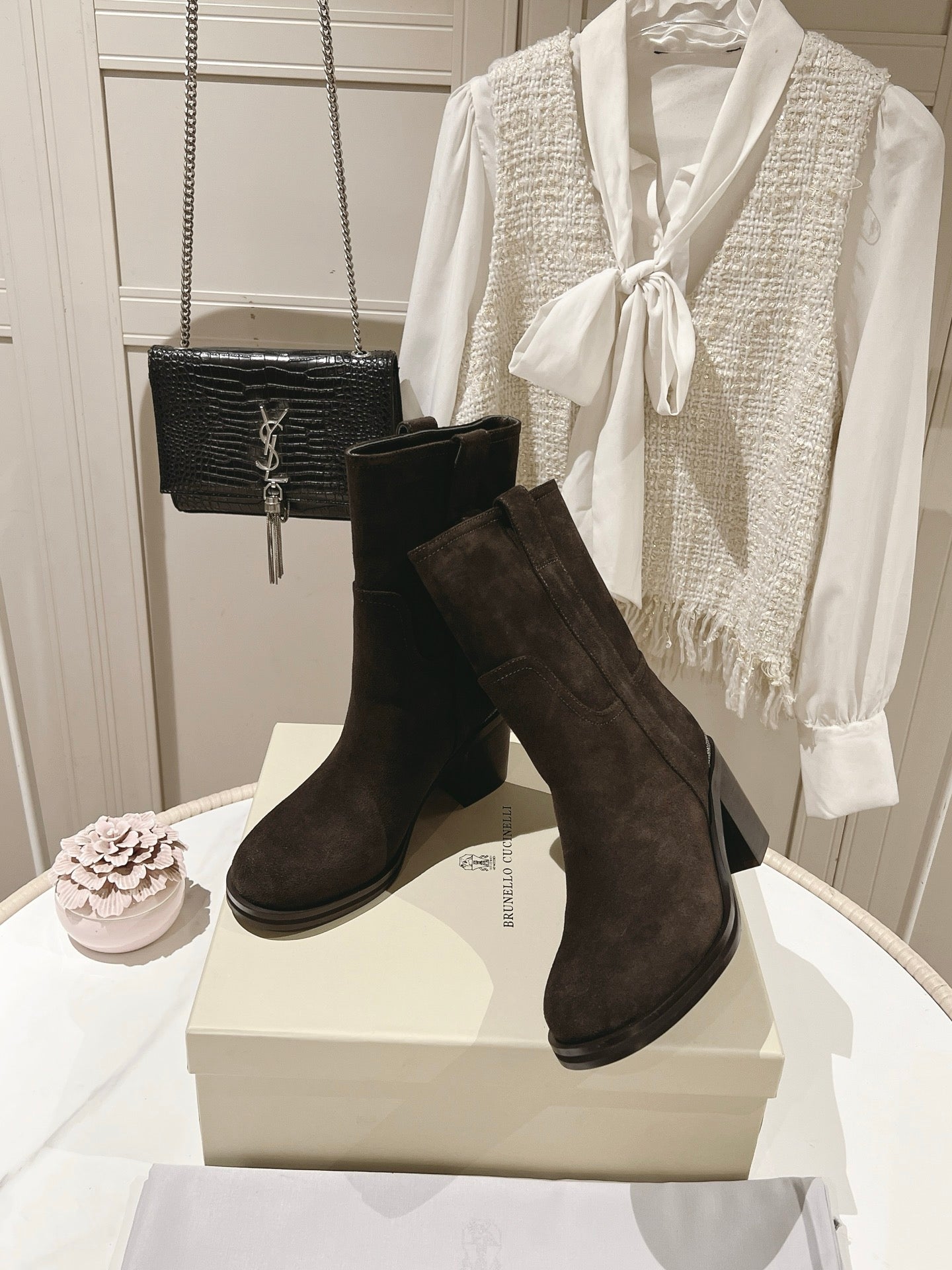 Brunello Chunky Heel Elegant Mid-Calf Boots Coffee Suede 929302