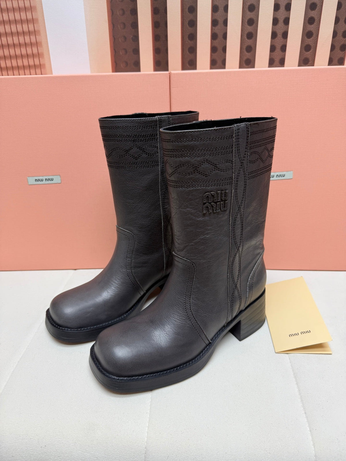 Miumiu 2026 Mid-Calf Boots Coffee Leather 195563