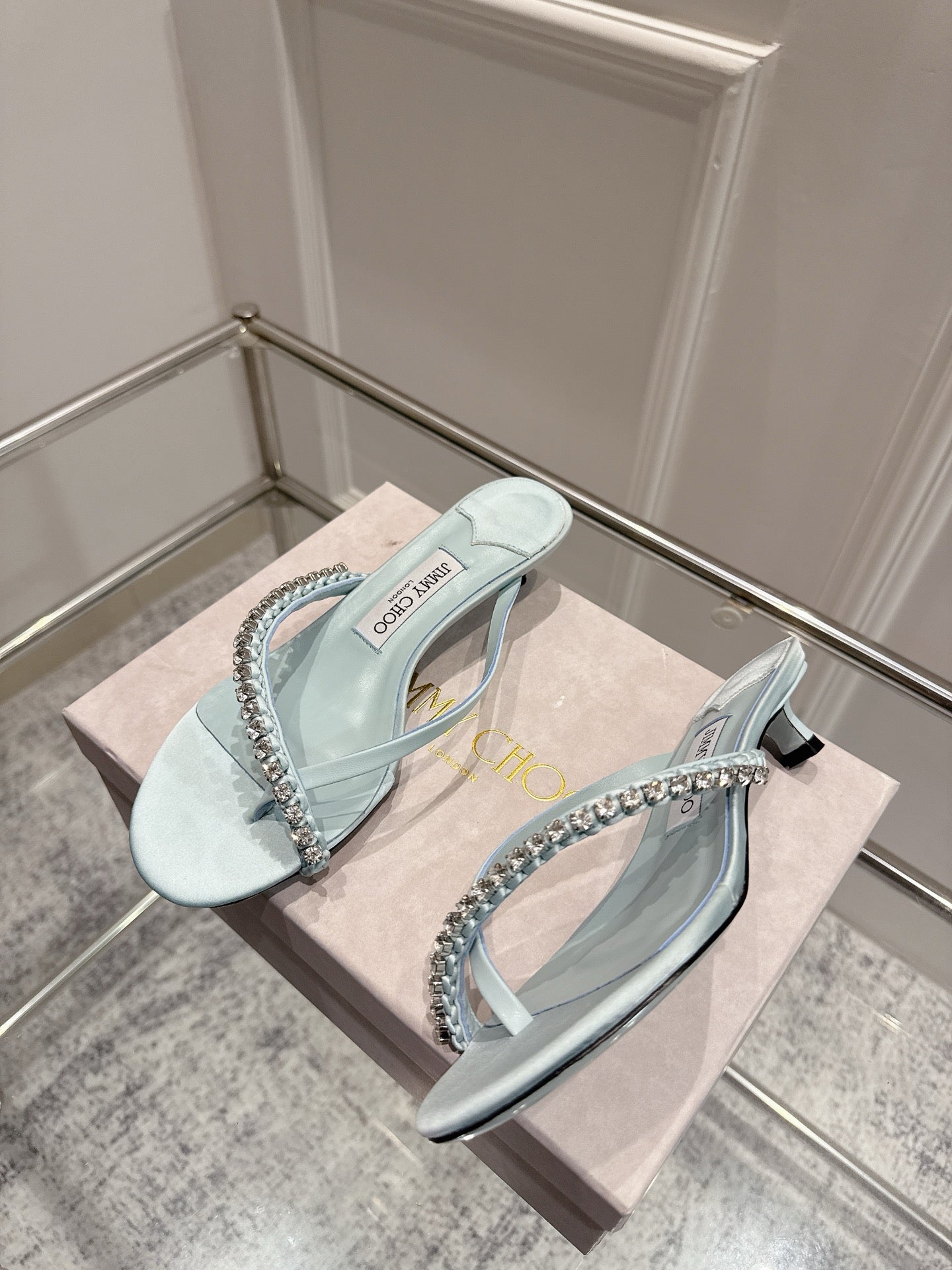 Jimmy Crystal Dila Mules 35mm Light Blue Sheepskin 422439