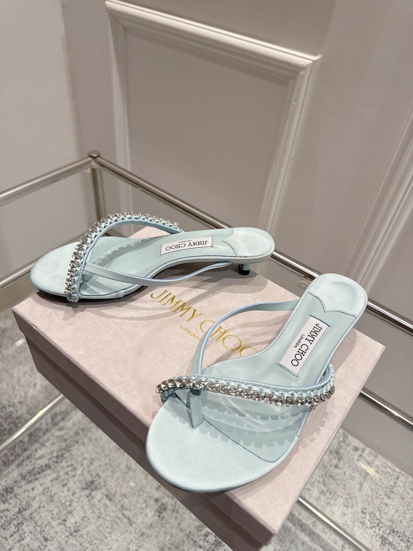 Jimmy Crystal Dila Mules 35mm Light Blue Sheepskin 422439