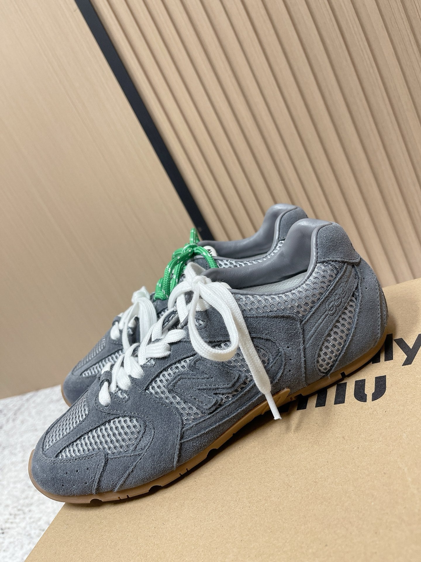 MiuMiu x New Balance Casual Sneakers Gray White Green Patent Leather and Mesh 533992