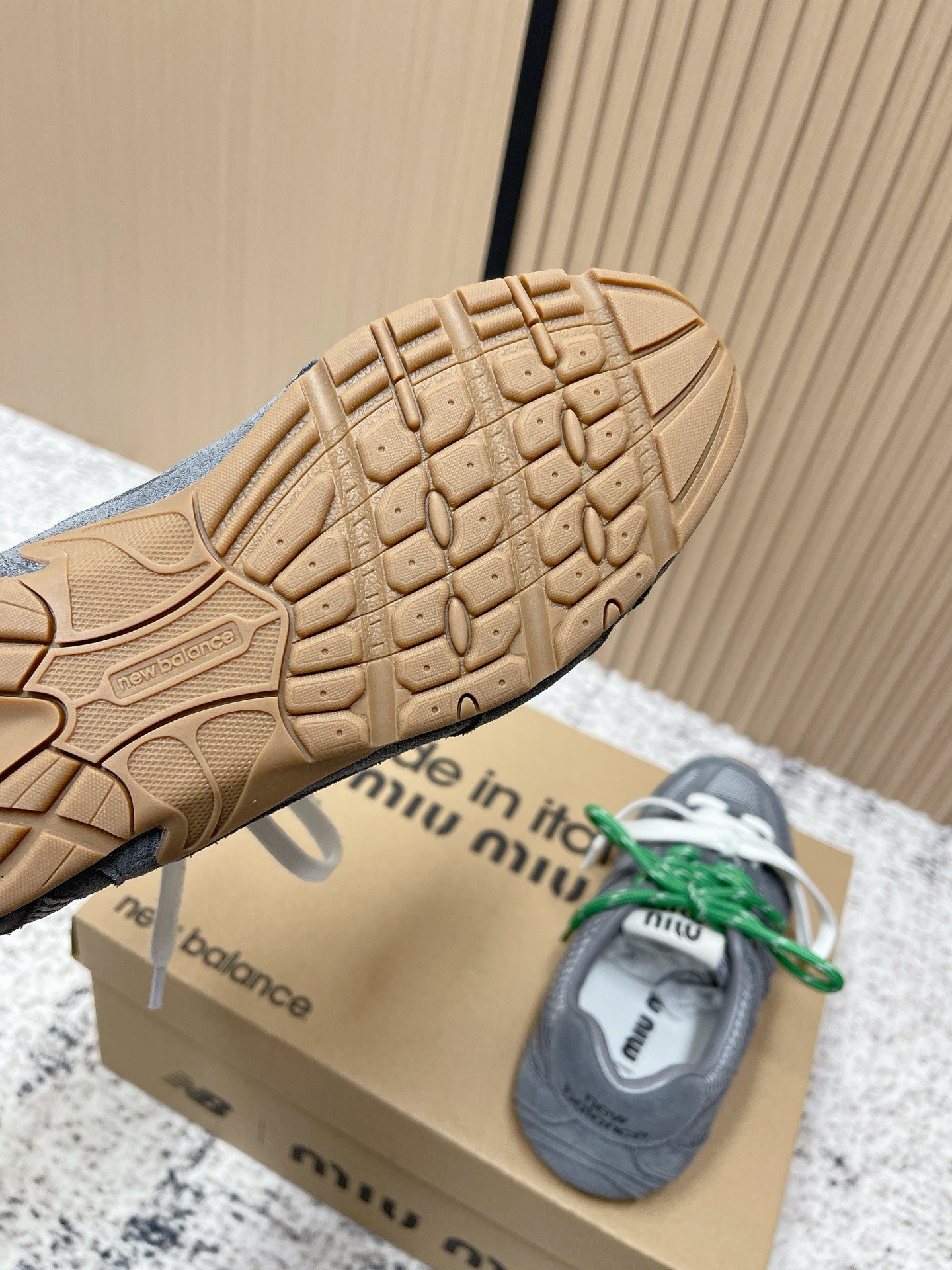 MiuMiu x New Balance Casual Sneakers Gray White Green Patent Leather and Mesh 533992