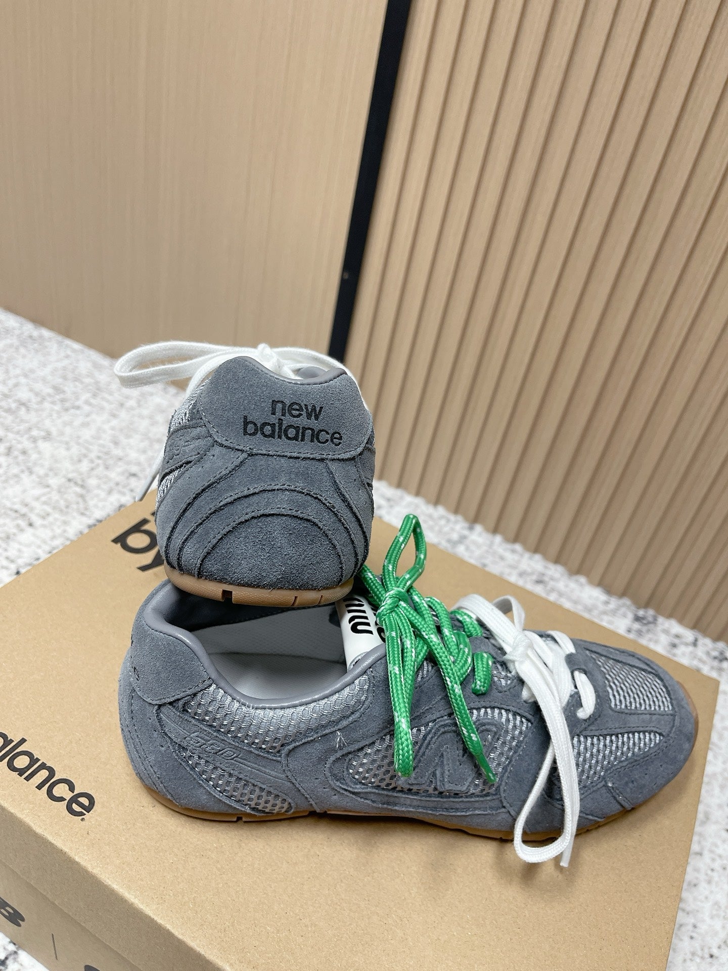 MiuMiu x New Balance Casual Sneakers Gray White Green Patent Leather and Mesh 533992