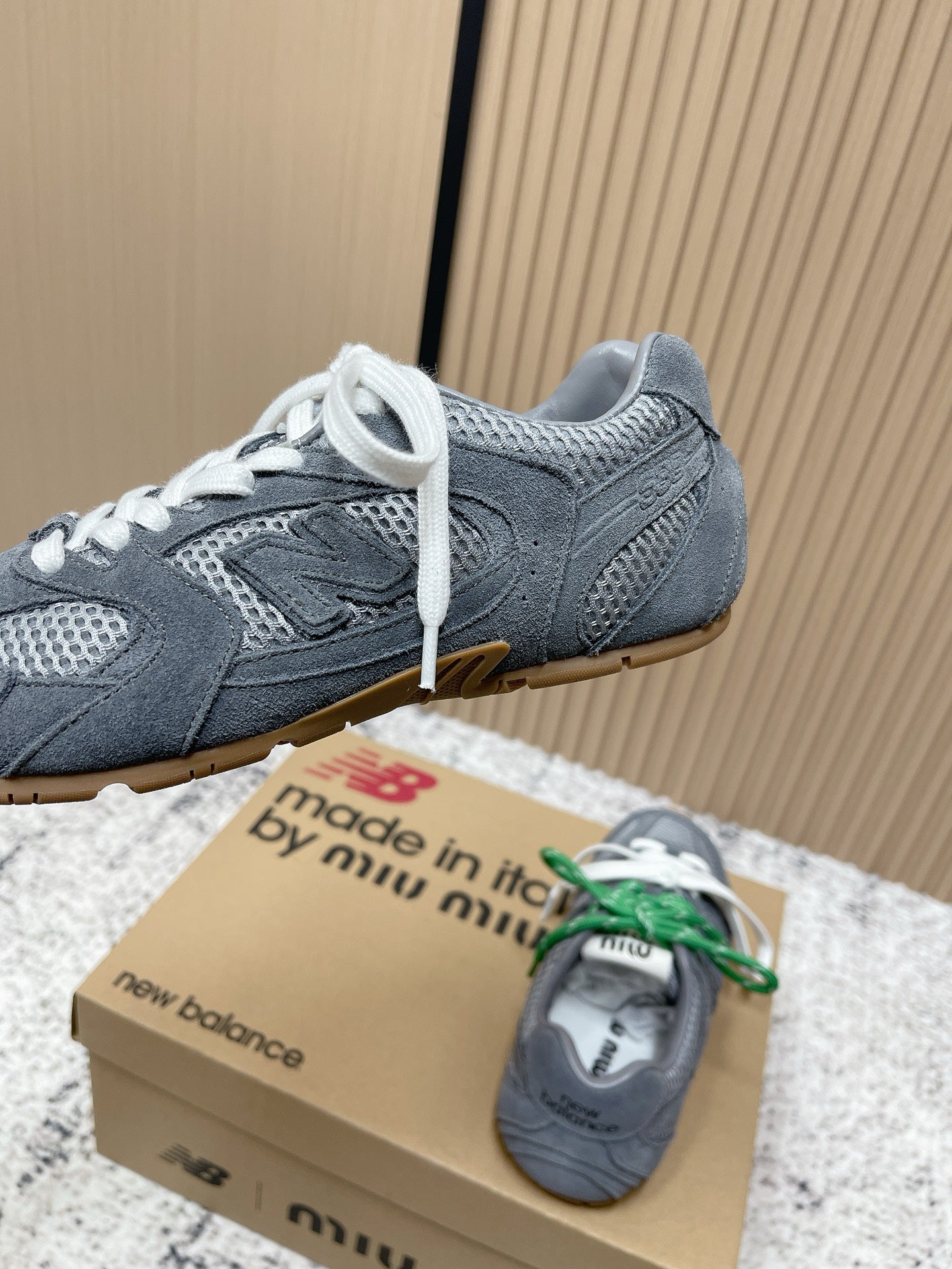 MiuMiu x New Balance Casual Sneakers Gray White Green Patent Leather and Mesh 533992