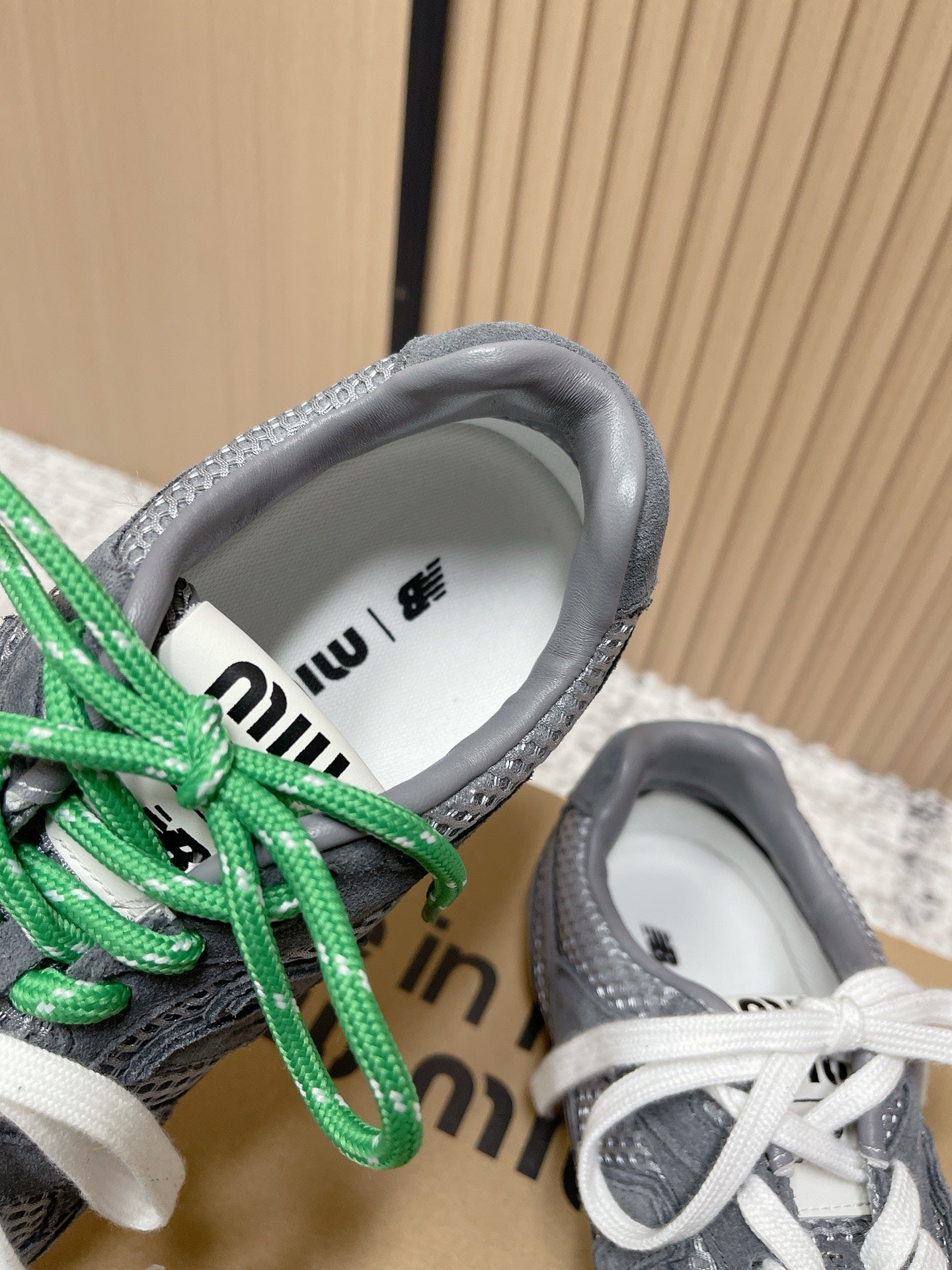 MiuMiu x New Balance Casual Sneakers Gray White Green Patent Leather and Mesh 533992