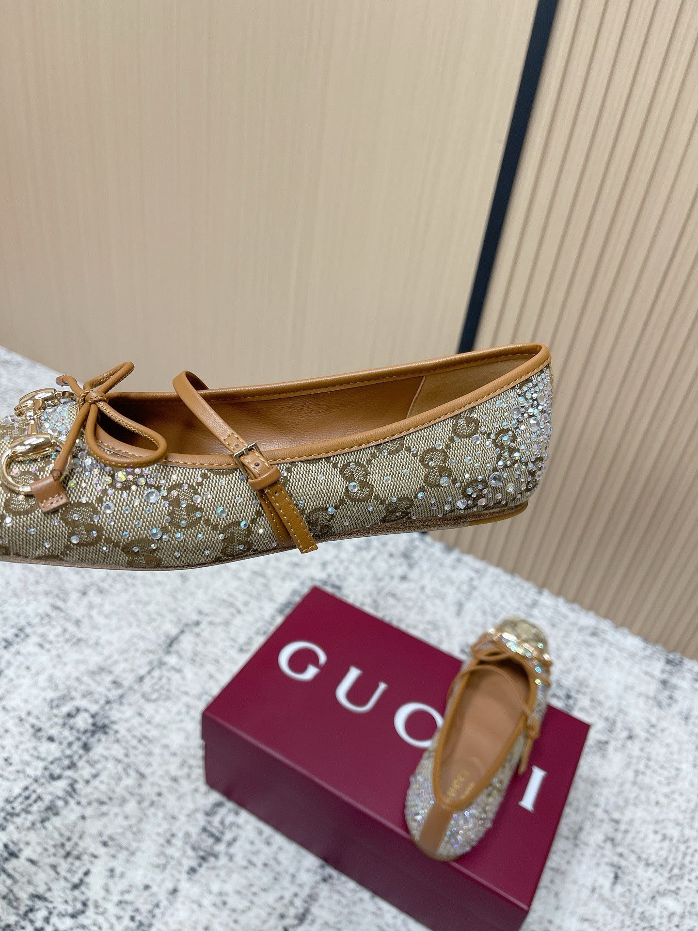GG 26s Ballet Flats In Dark Beige Canvas With Crystals
