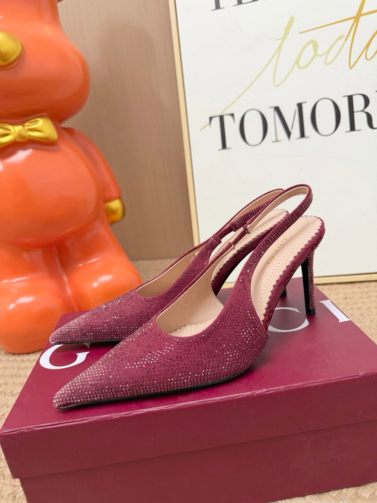 GG 26s Crystal Slingbacks 8cm Burgundy Canvas 191831