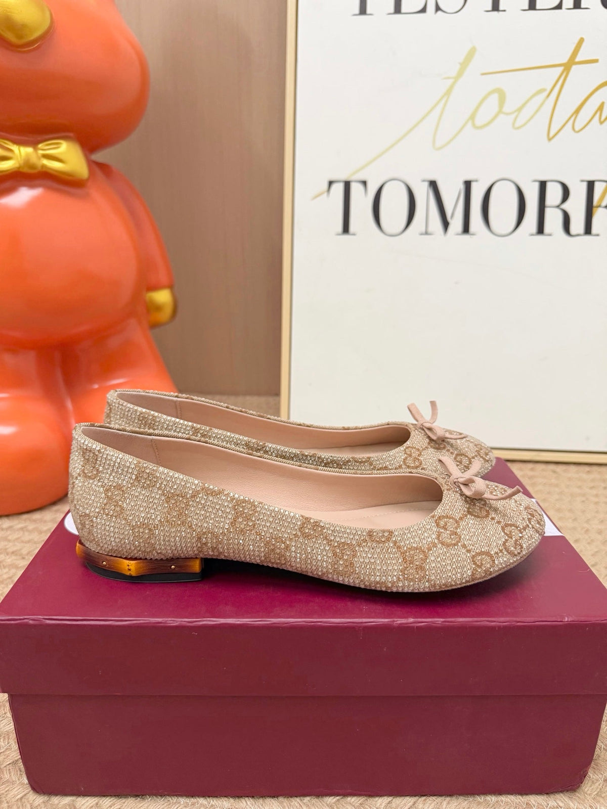 GG 26s Horsebit Ballet Flats Beige Canvas 191833
