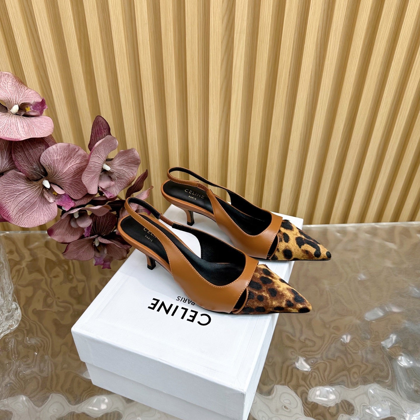 CL Judy Cap Toe Skingback 60mm In Tan Calfskin And Leopard Printed Hairy Calfskin 313783