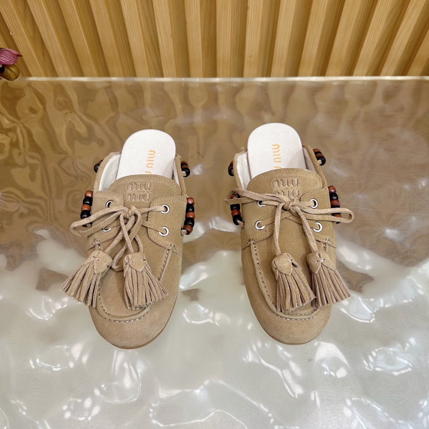 Miu Laces Eyelet Flat Half Slipper Beige Suede 498161