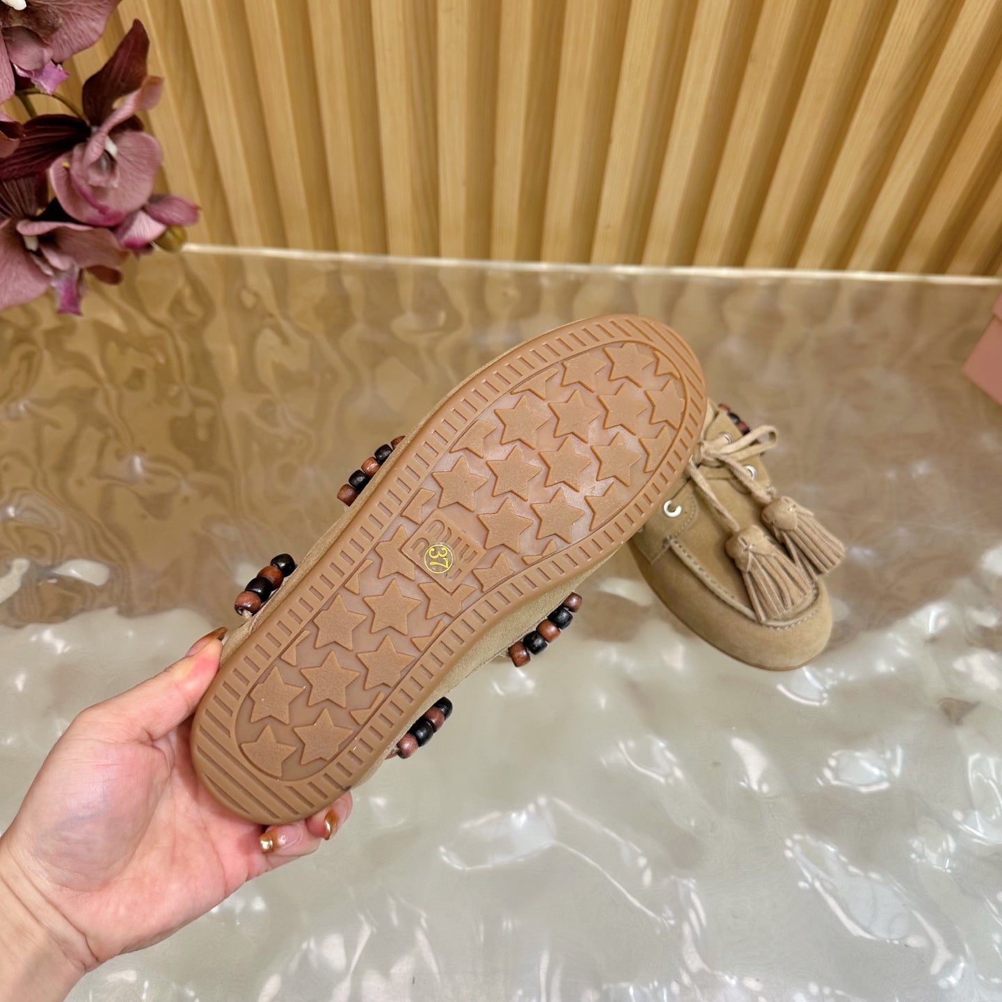 Miu Laces Eyelet Flat Half Slipper Beige Suede 498161