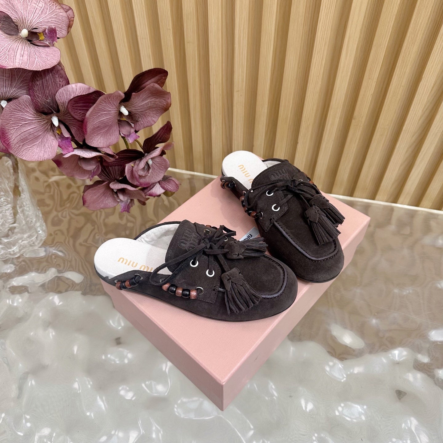 Miu Laces Eyelet Flat Half Slipper Dark Reddish Brown Suede 498162
