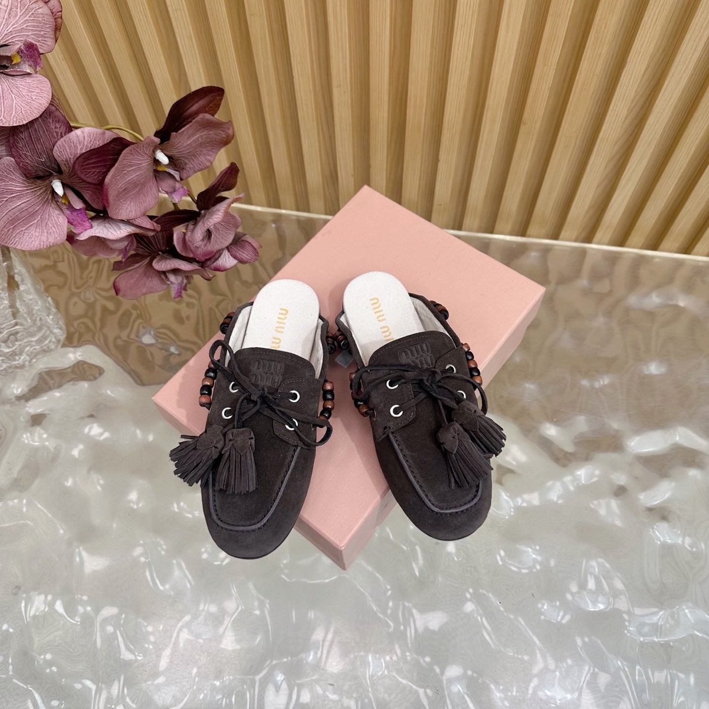 Miu Laces Eyelet Flat Half Slipper Deep Reddish Brown Sheepskin 498165