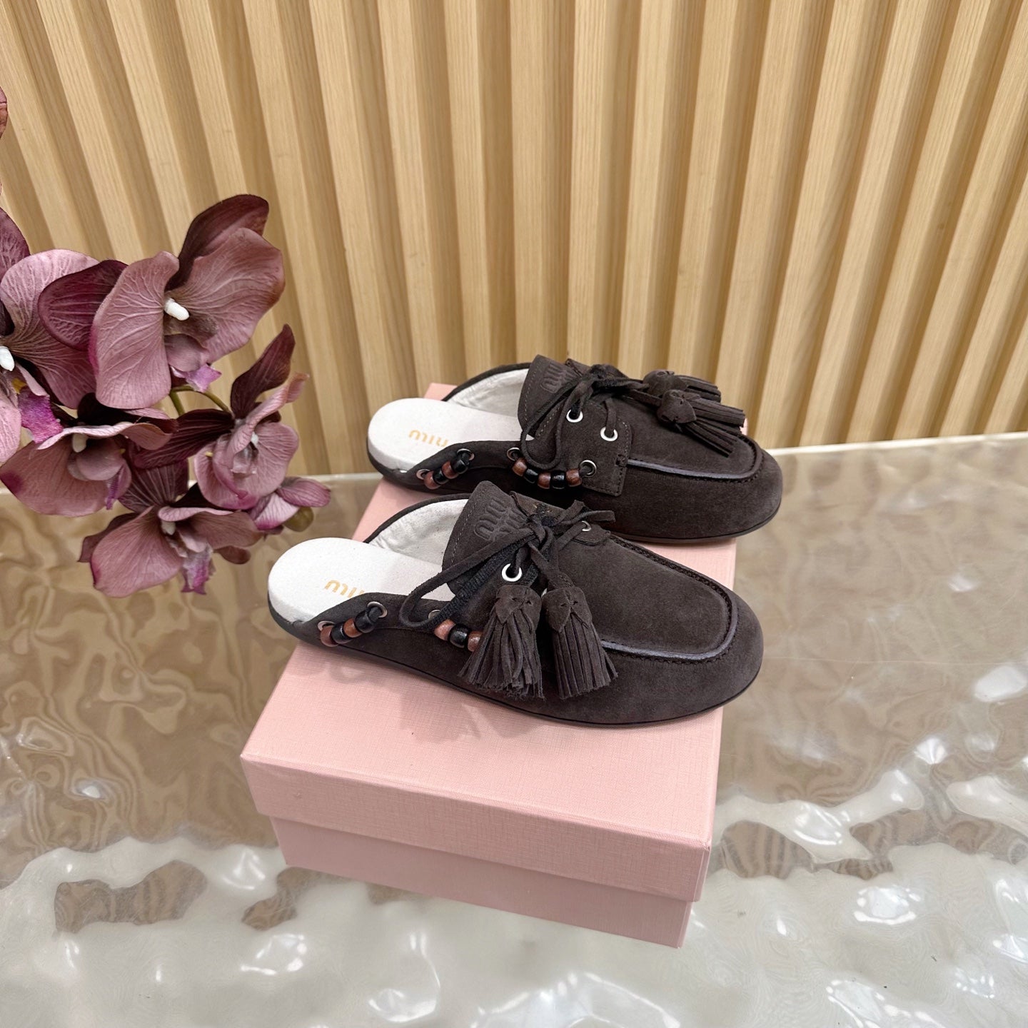 Miu Laces Eyelet Flat Half Slipper Deep Reddish Brown Sheepskin 498165