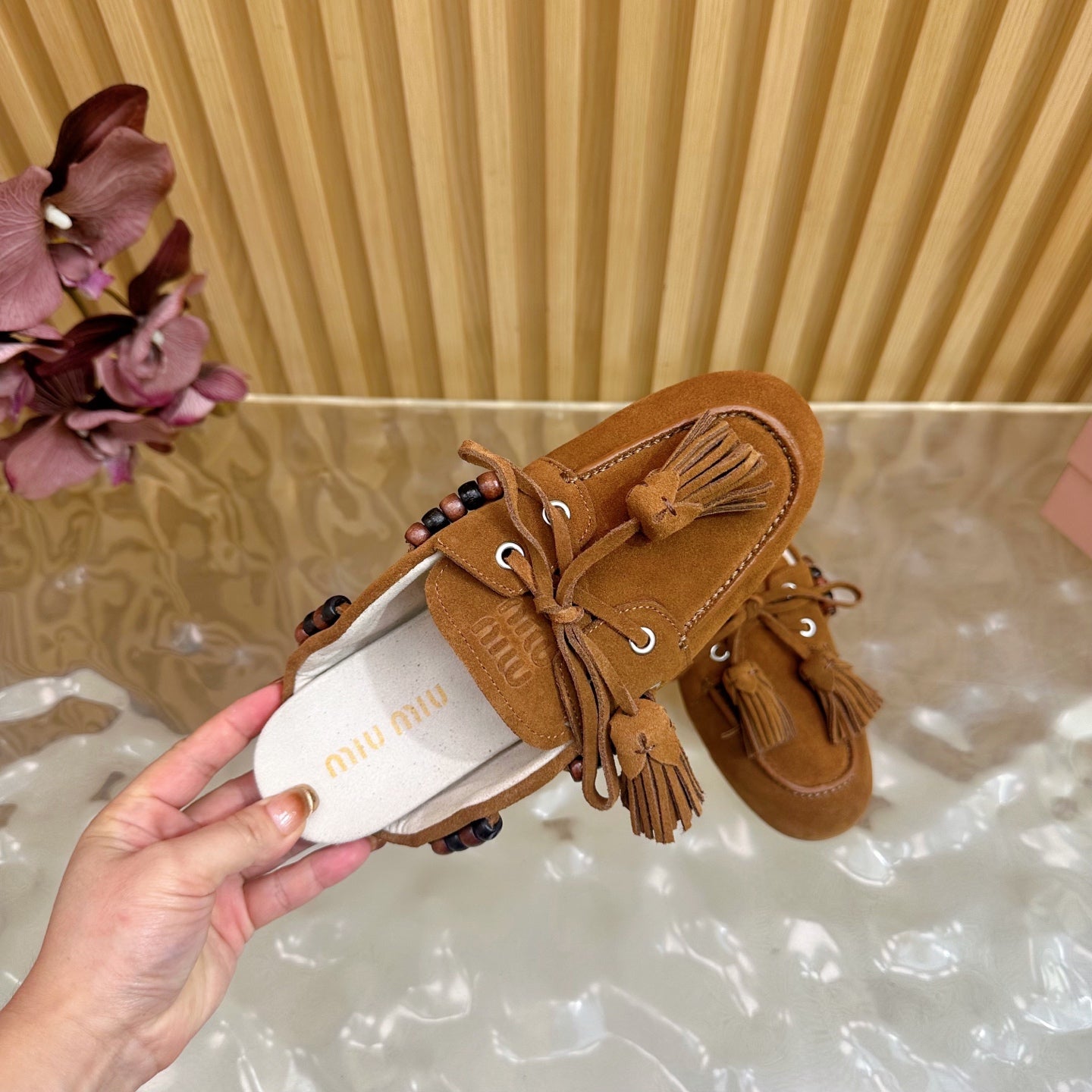 Miu Laces Eyelet Flat Half Slipper Dark Brown Suede 498163