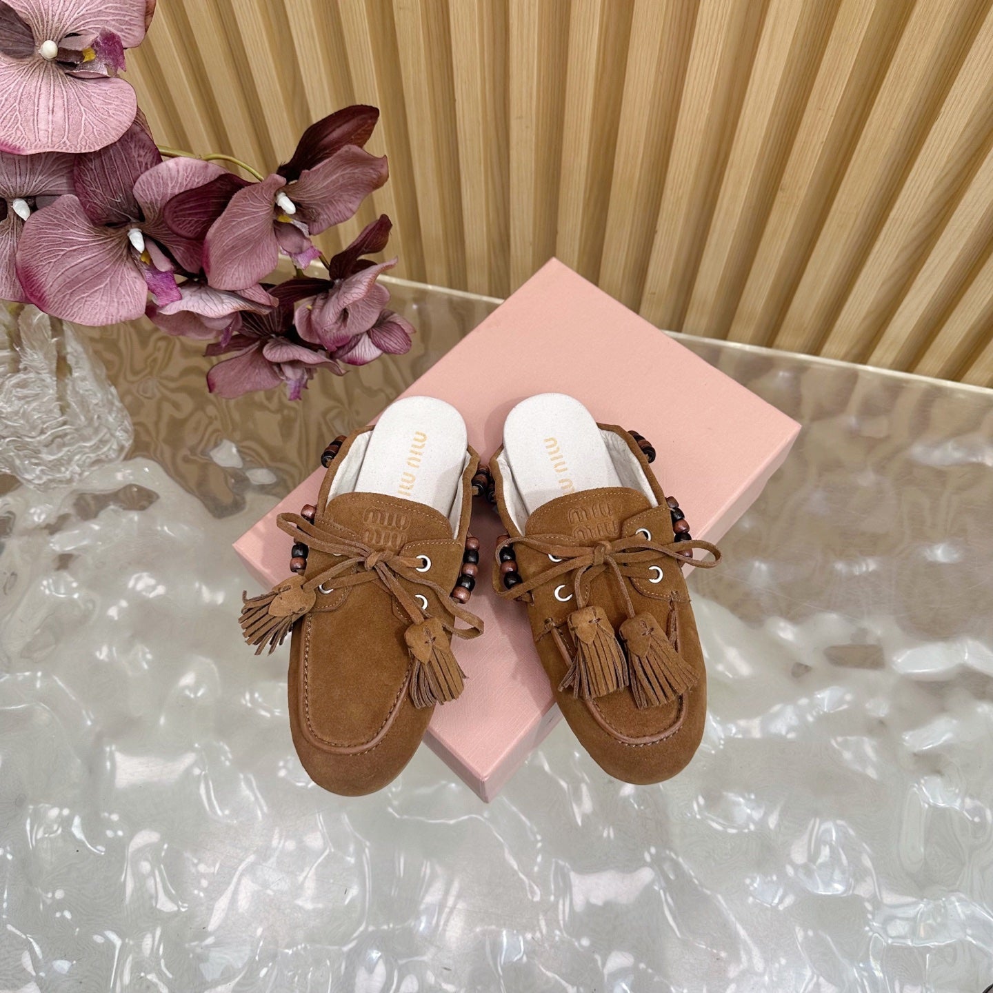 Miu Laces Eyelet Flat Half Slipper Dark Brown Suede 498163