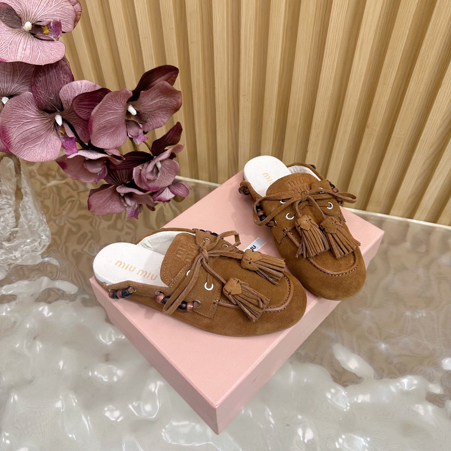 Miu Laces Eyelet Flat Half Slipper Dark Brown Suede 498163