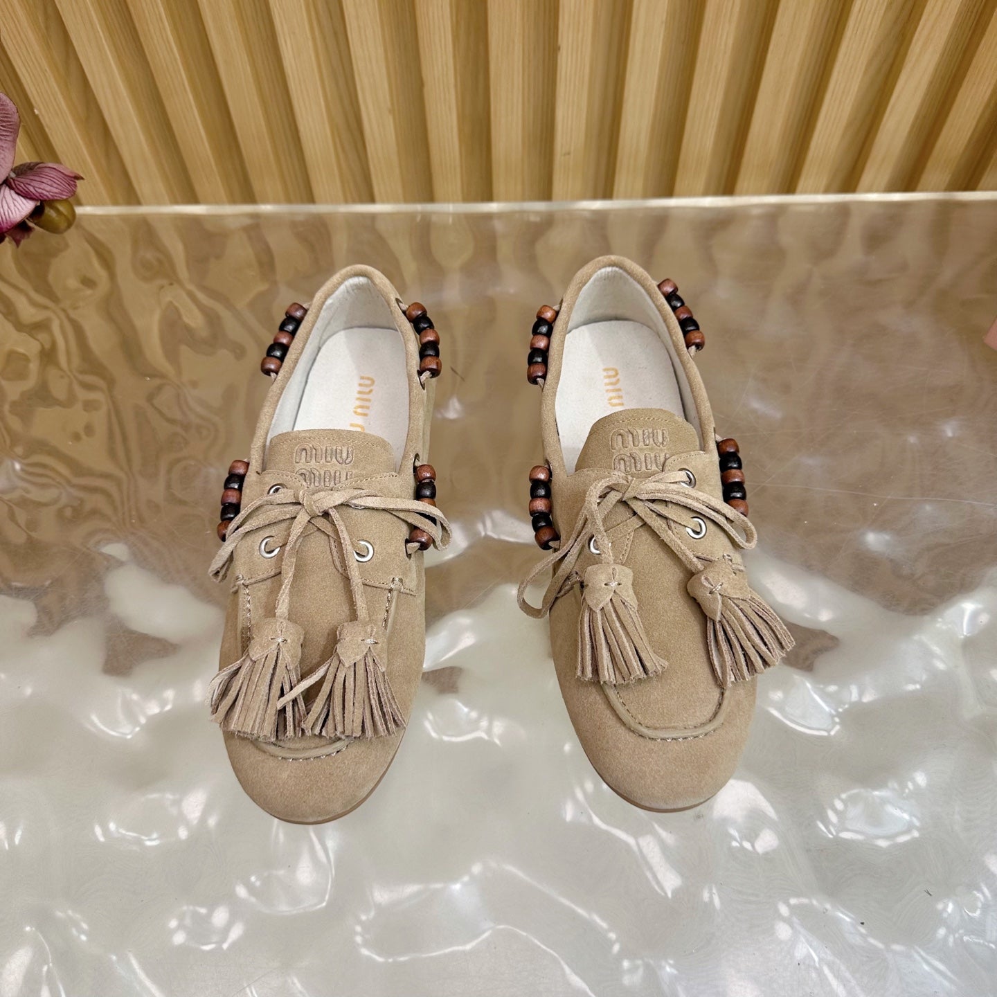 Miu Laces Eyelet Flat Loafer Beige Suede 498166