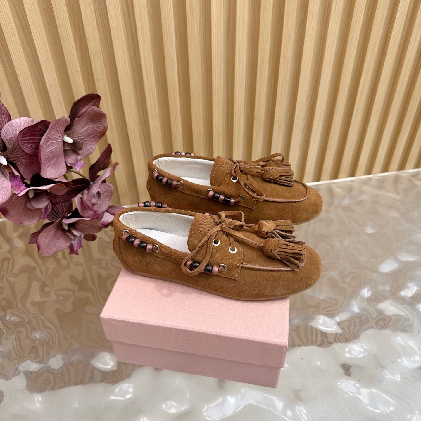 Miu Laces Eyelet Flat Loafer Deep Brown Suede 498167