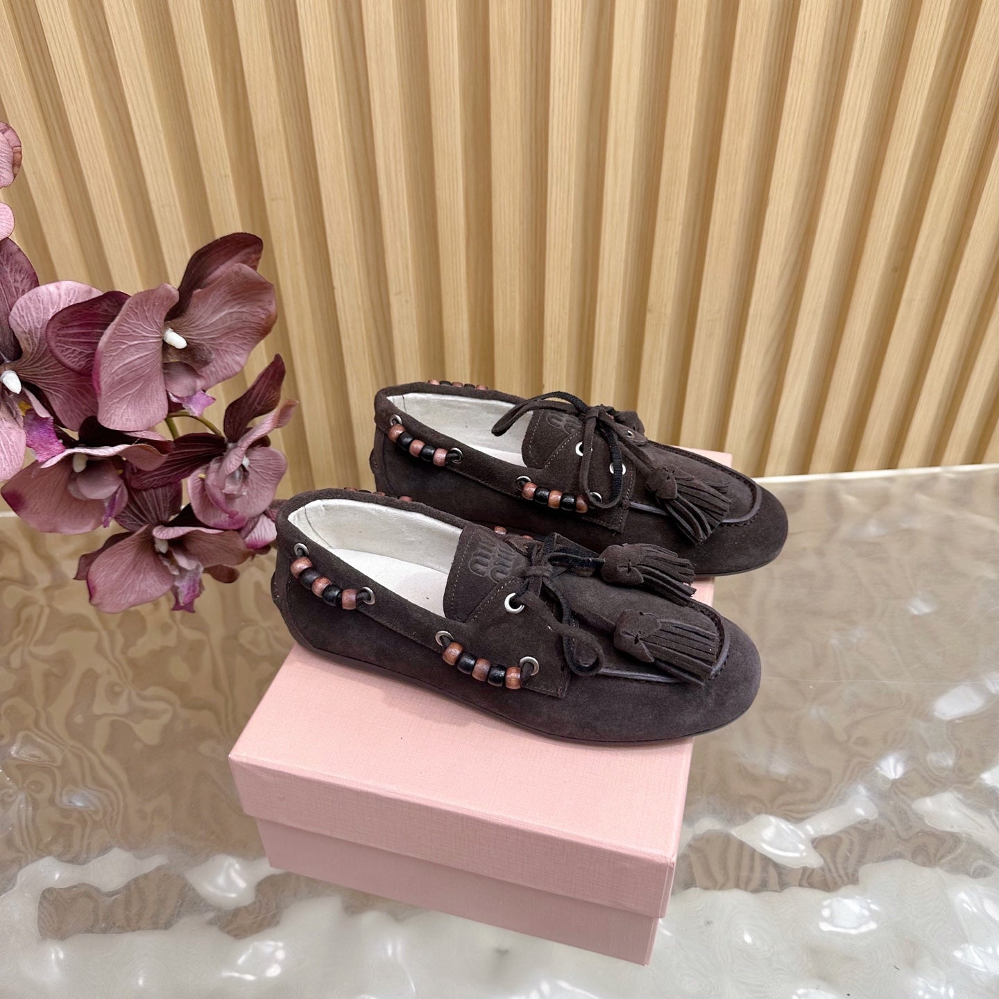 Miu Laces Eyelet Flat Loafer Deep Reddish Brown Suede 498168