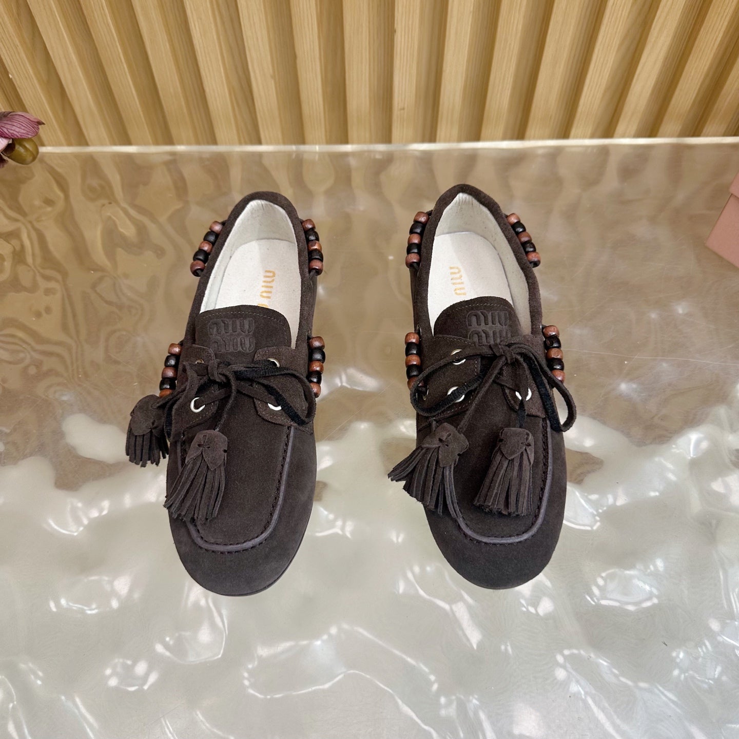 Miu Laces Eyelet Flat Loafer Deep Reddish Brown Suede 498168