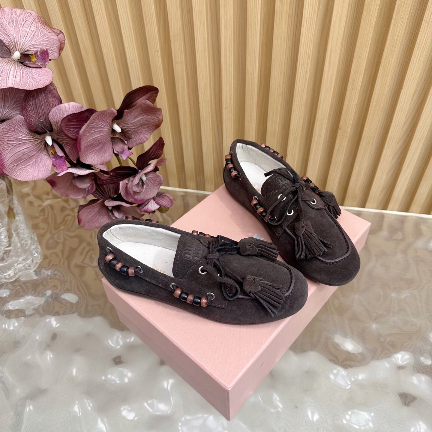 Miu Laces Eyelet Flat Loafer Deep Reddish Brown Suede 498168
