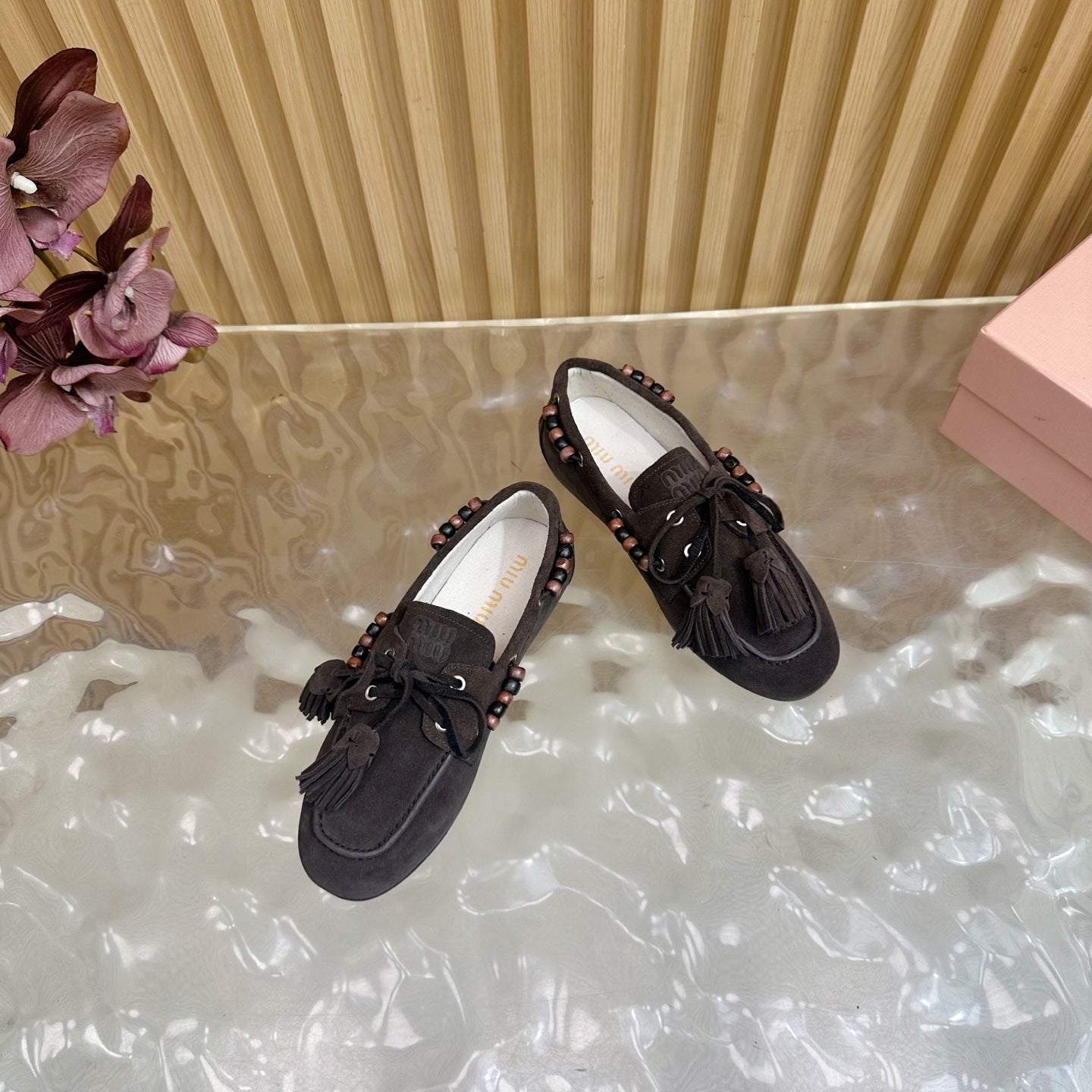 Miu Laces Eyelet Flat Loafer Deep Reddish Brown Suede 498168