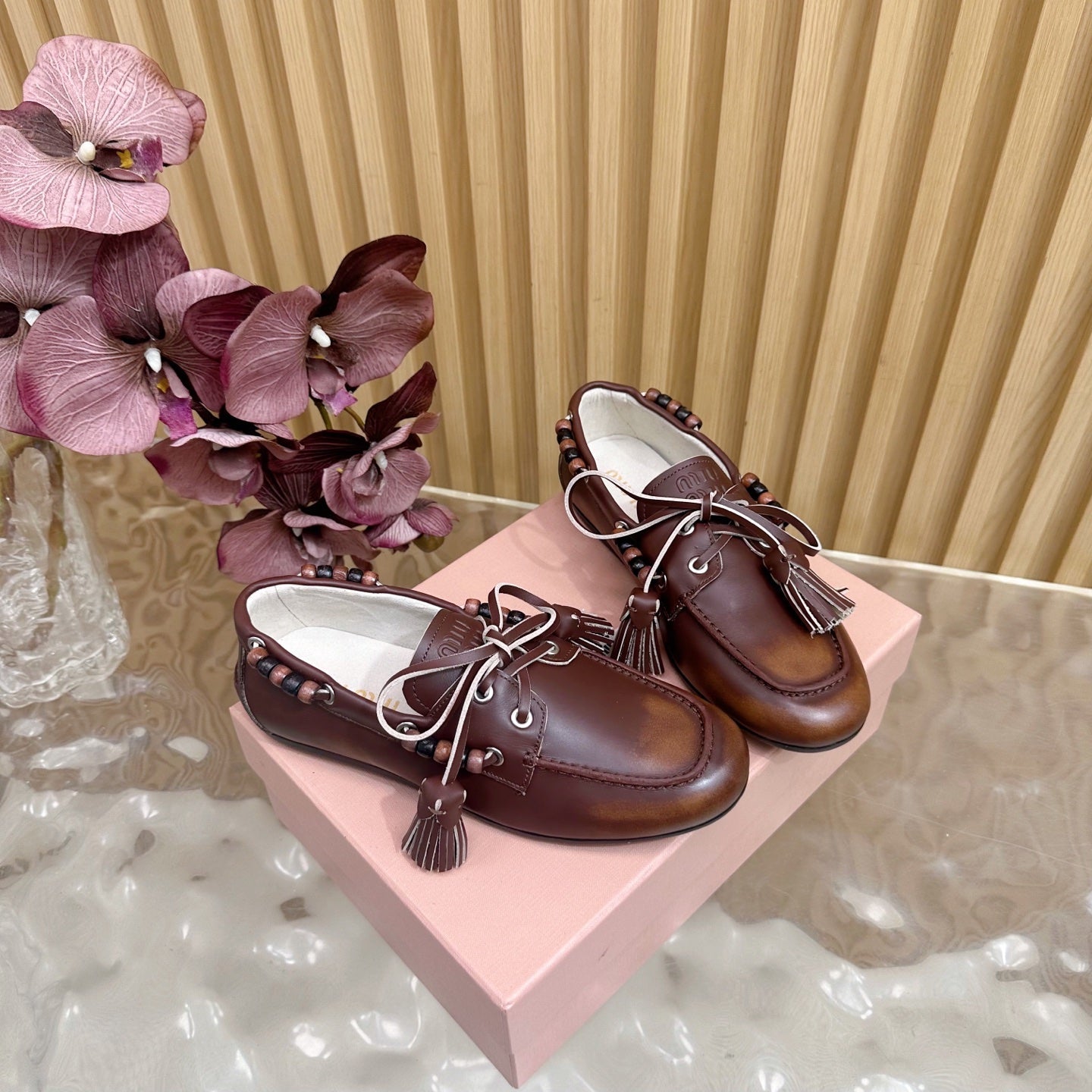 Miu Laces Eyelet Flat Loafer Deep Reddish Brown Sheepskin 498169