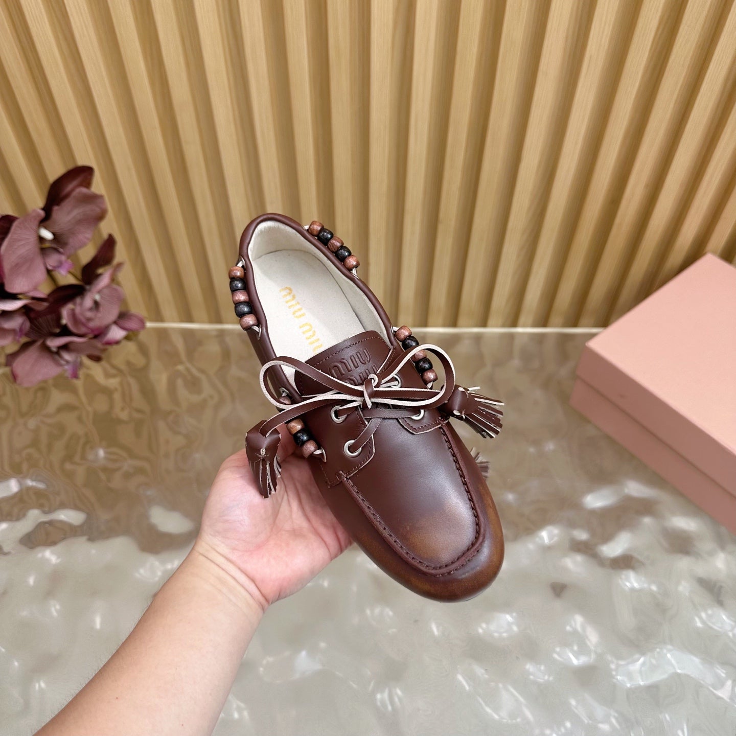 Miu Laces Eyelet Flat Loafer Deep Reddish Brown Sheepskin 498169
