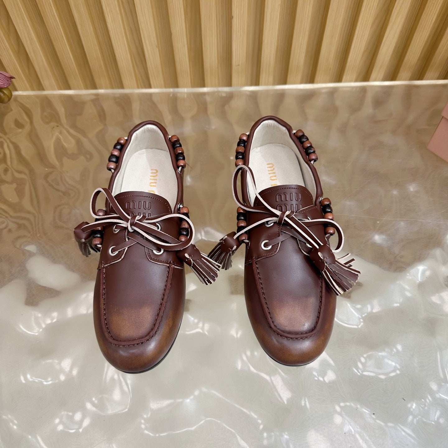 Miu Laces Eyelet Flat Loafer Deep Reddish Brown Sheepskin 498169