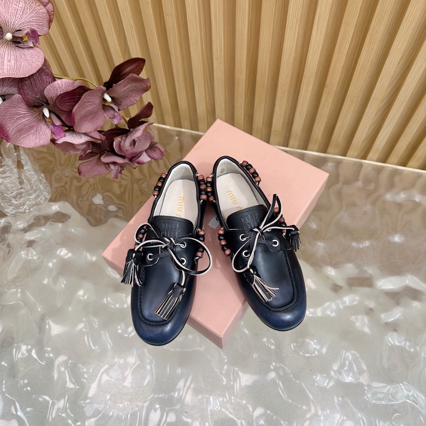 Miu Laces Eyelet Flat Loafer Black Sheepskin 498170