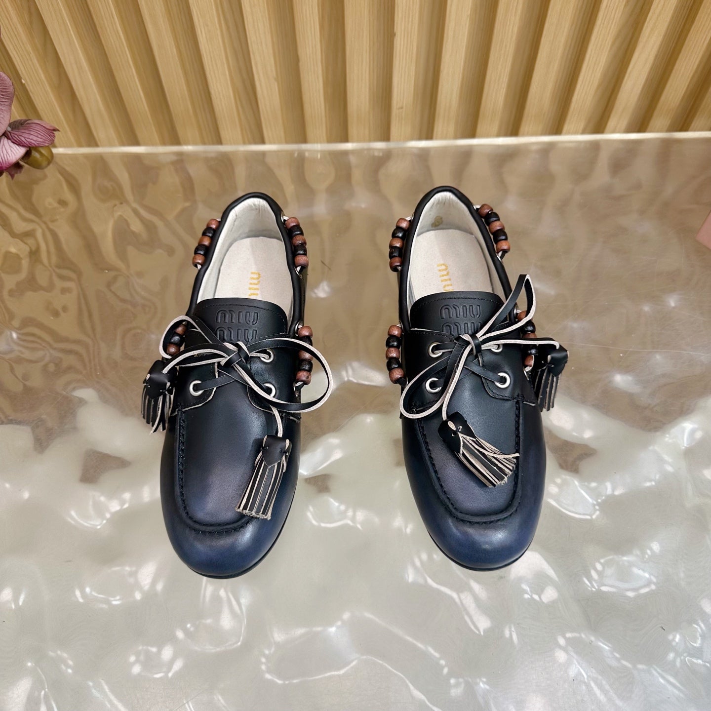 Miu Laces Eyelet Flat Loafer Black Sheepskin 498170