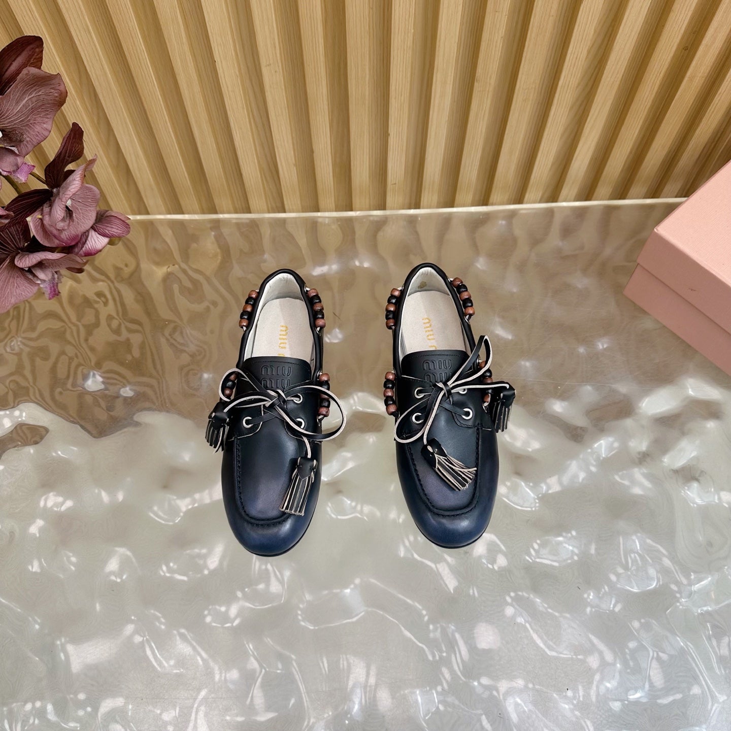 Miu Laces Eyelet Flat Loafer Black Sheepskin 498170