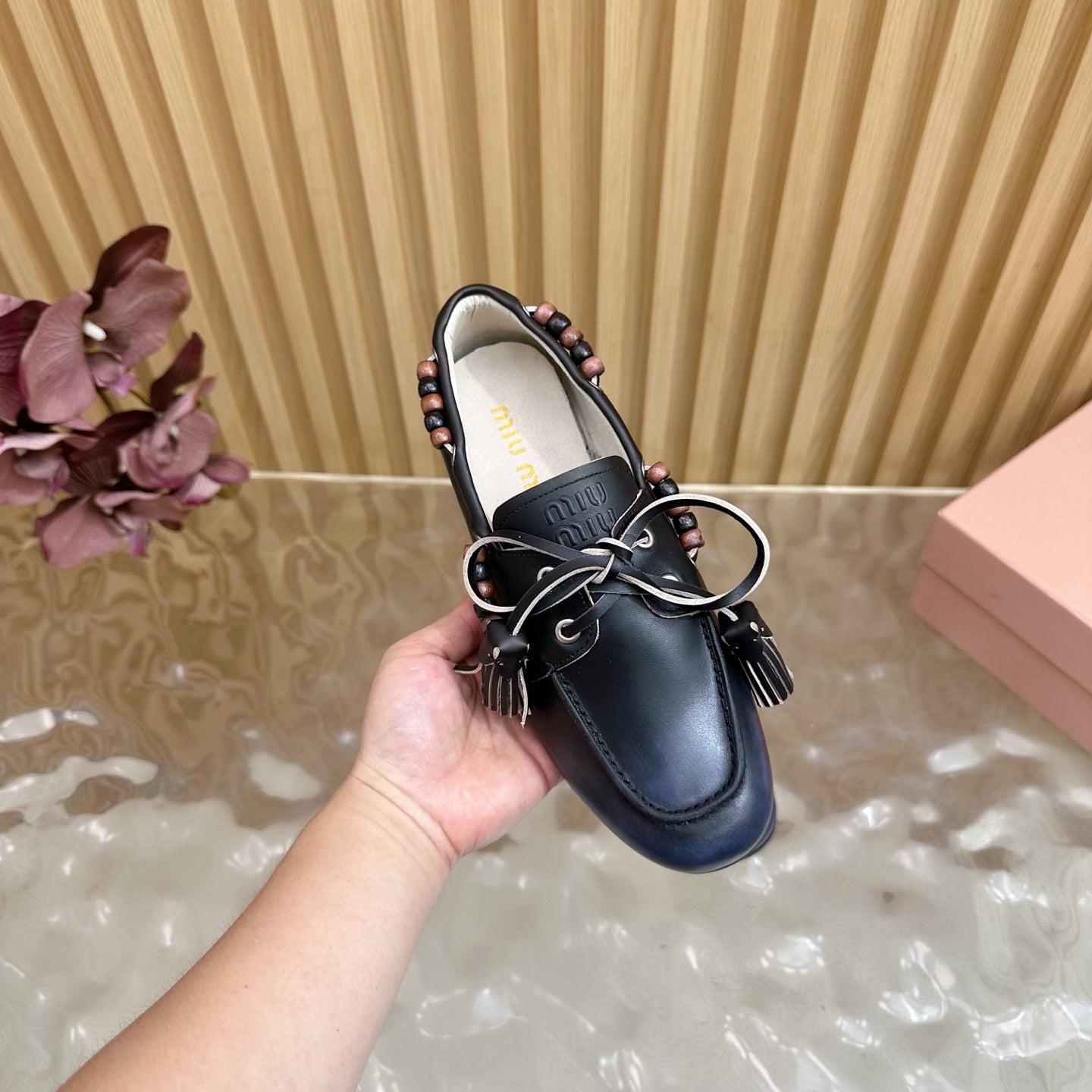 Miu Laces Eyelet Flat Loafer Black Sheepskin 498170