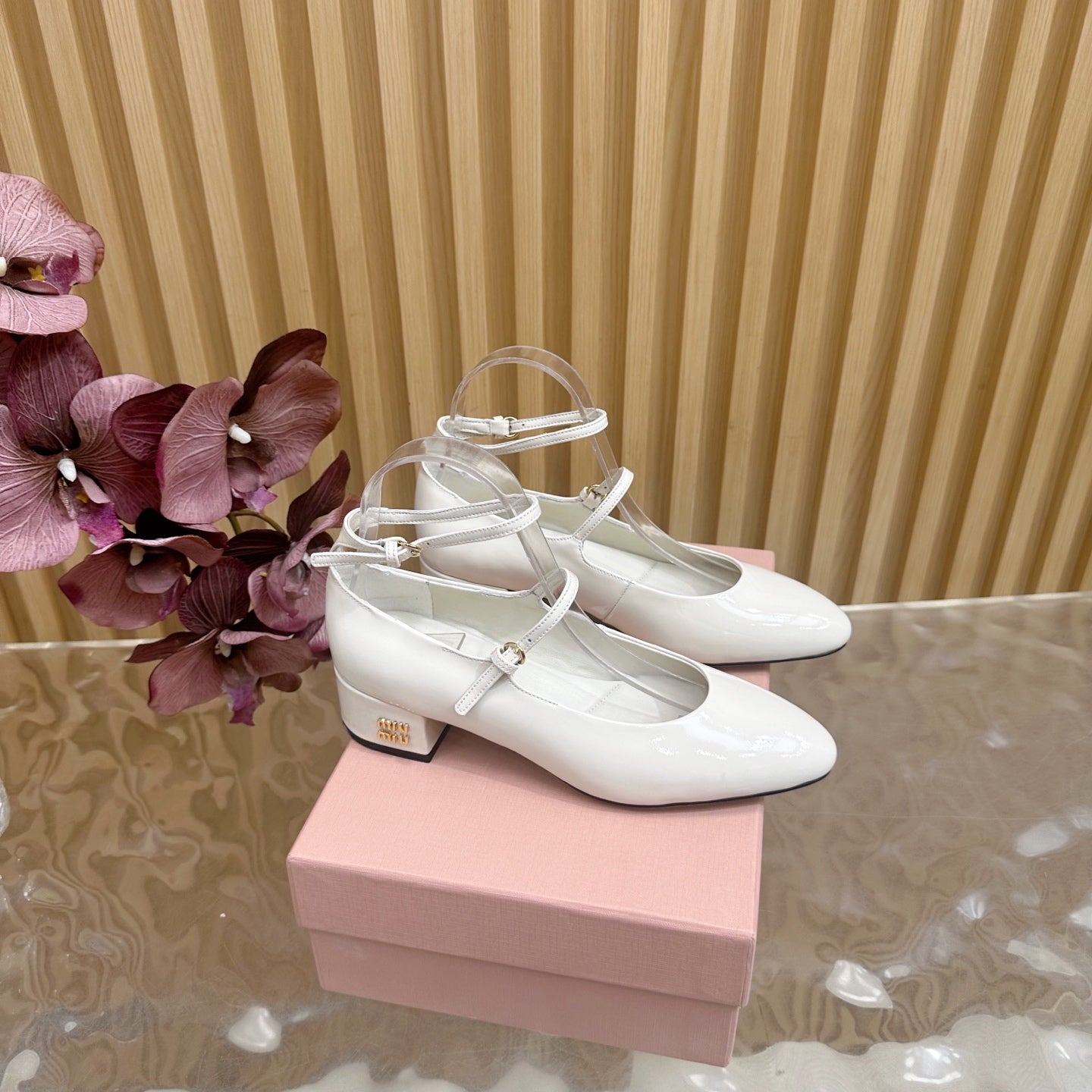 Miu Slingback Pumps With Straps White Patent Leather 498171