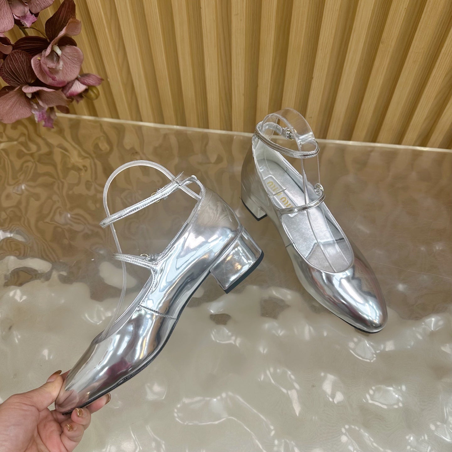 Miu Slingback Pumps With Straps 45mm Sliver Patent Leather 498172