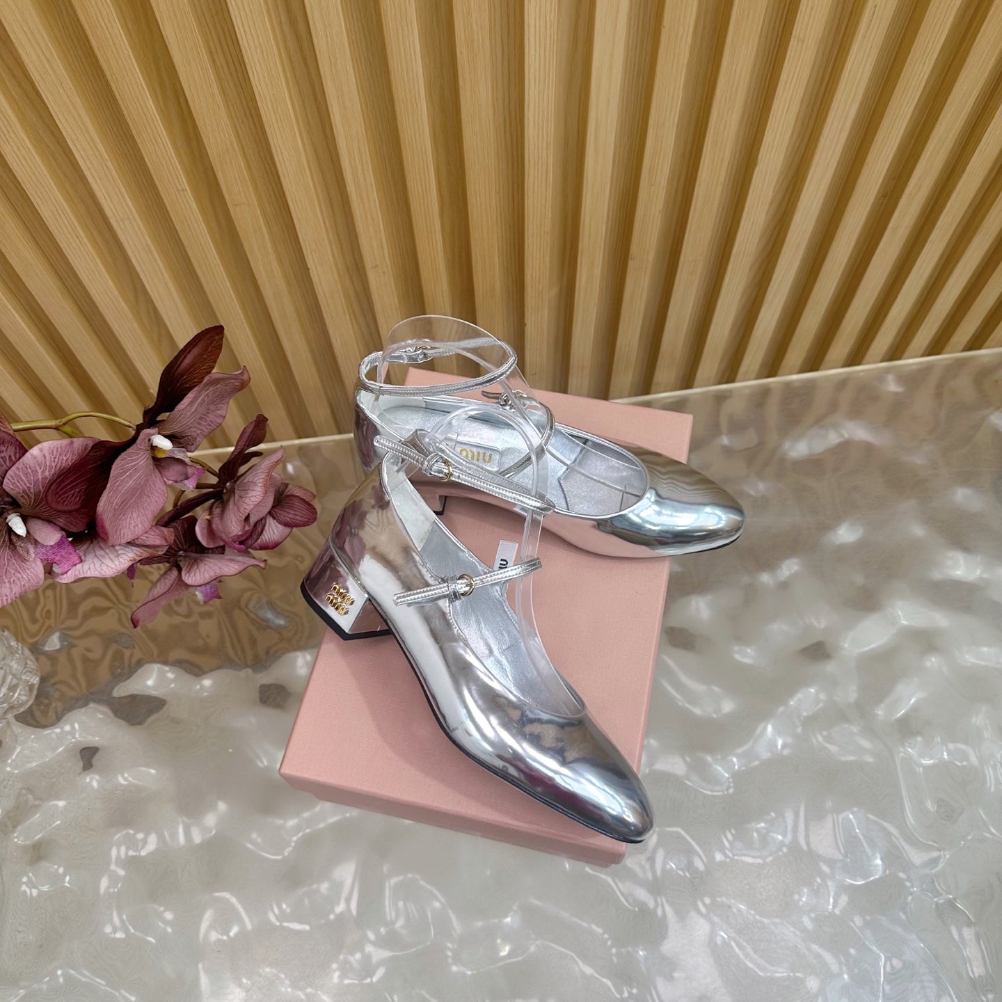Miu Slingback Pumps With Straps 45mm Sliver Patent Leather 498172