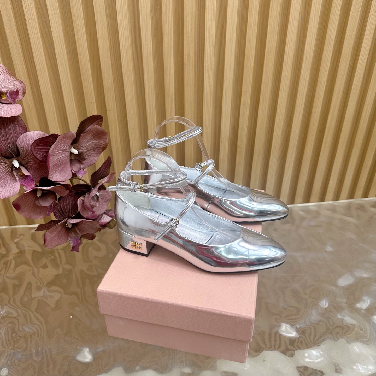 Miu Slingback Pumps With Straps 45mm Sliver Patent Leather 498172