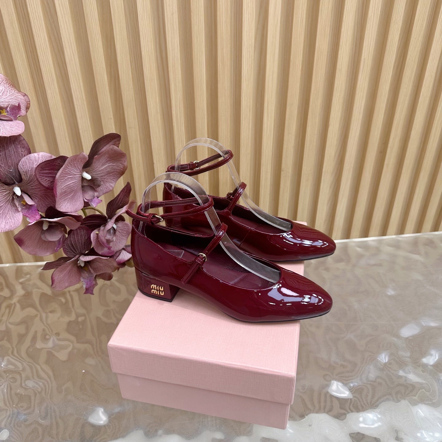 Miu Slingback Pumps With Straps 45mm Deep Red Patent Leather 498173