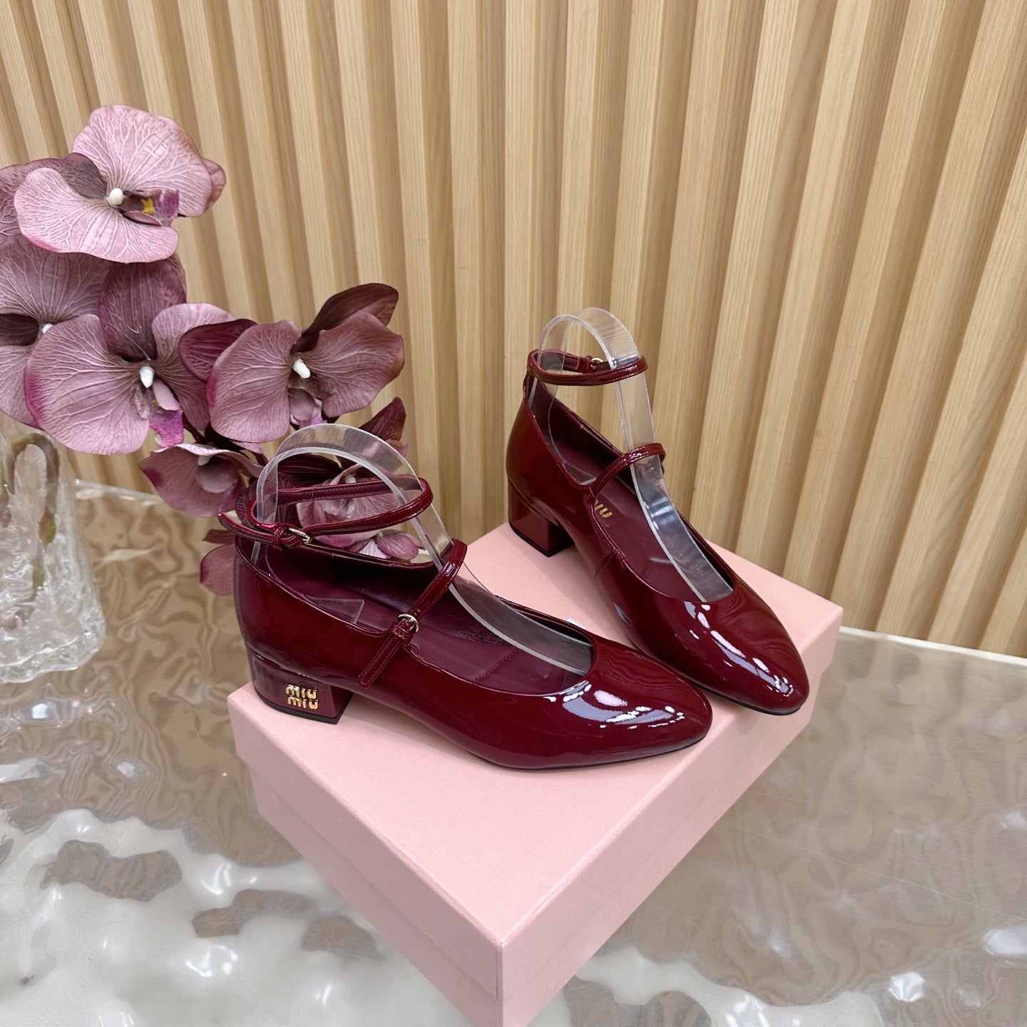 Miu Slingback Pumps With Straps 45mm Deep Red Patent Leather 498173