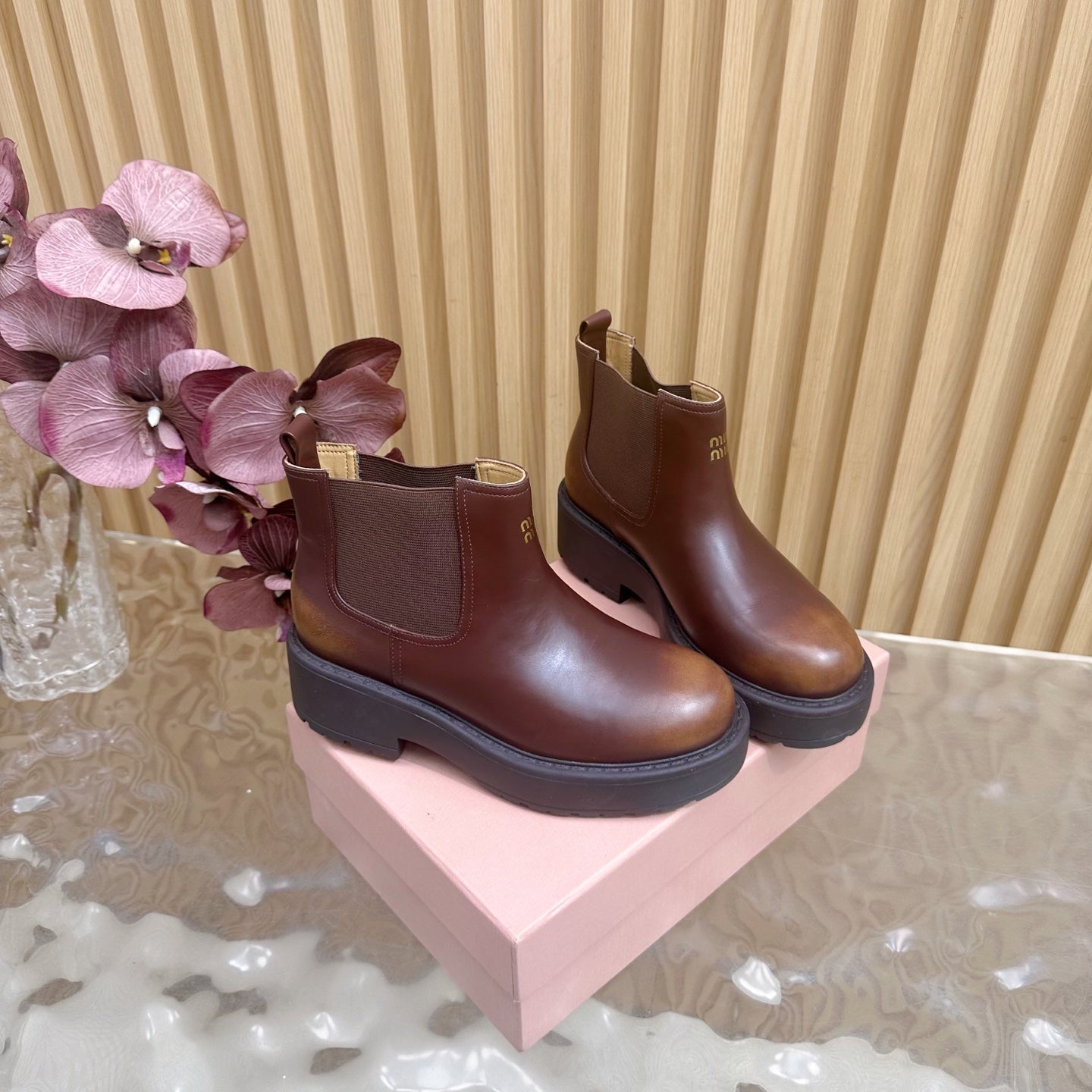 Miu Platform Chelsea Boots Deep Reddish Brown Leather 498176