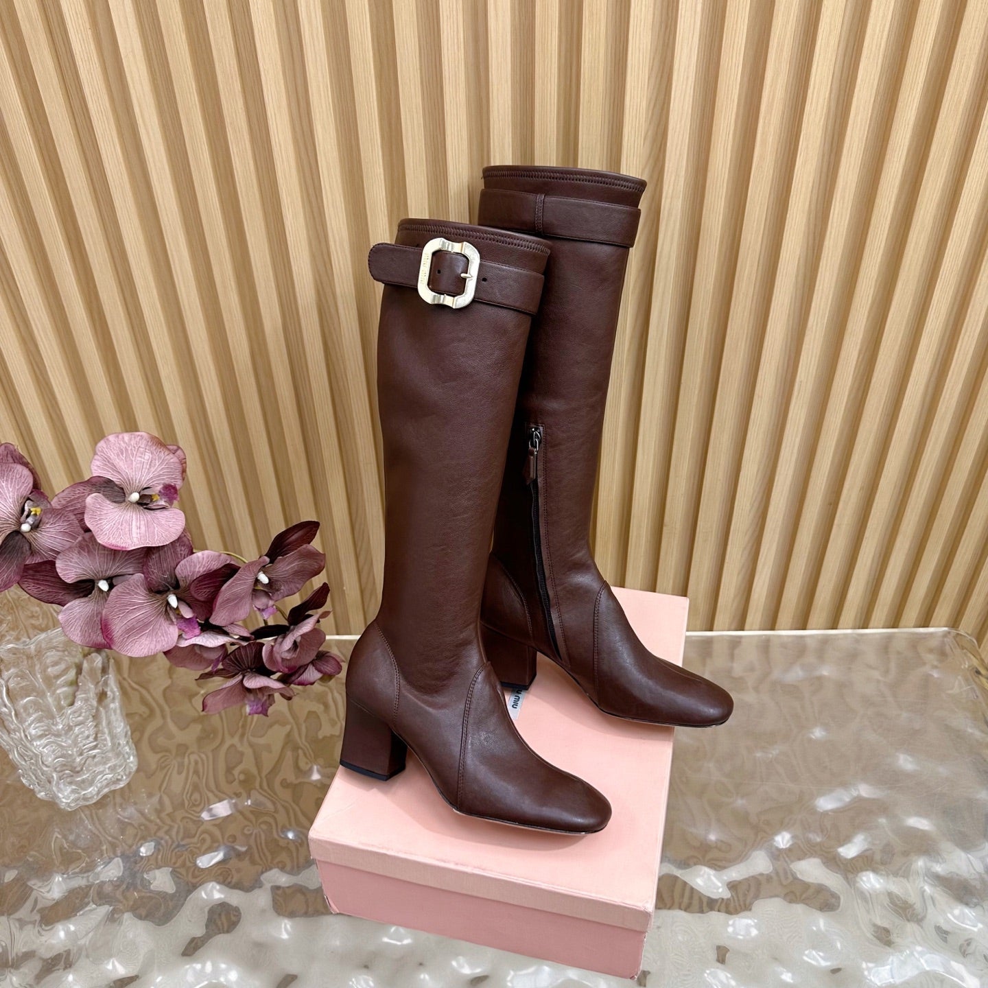 Miu Boots With Buckle Deep Reddish Brown Nappa Leather 498181